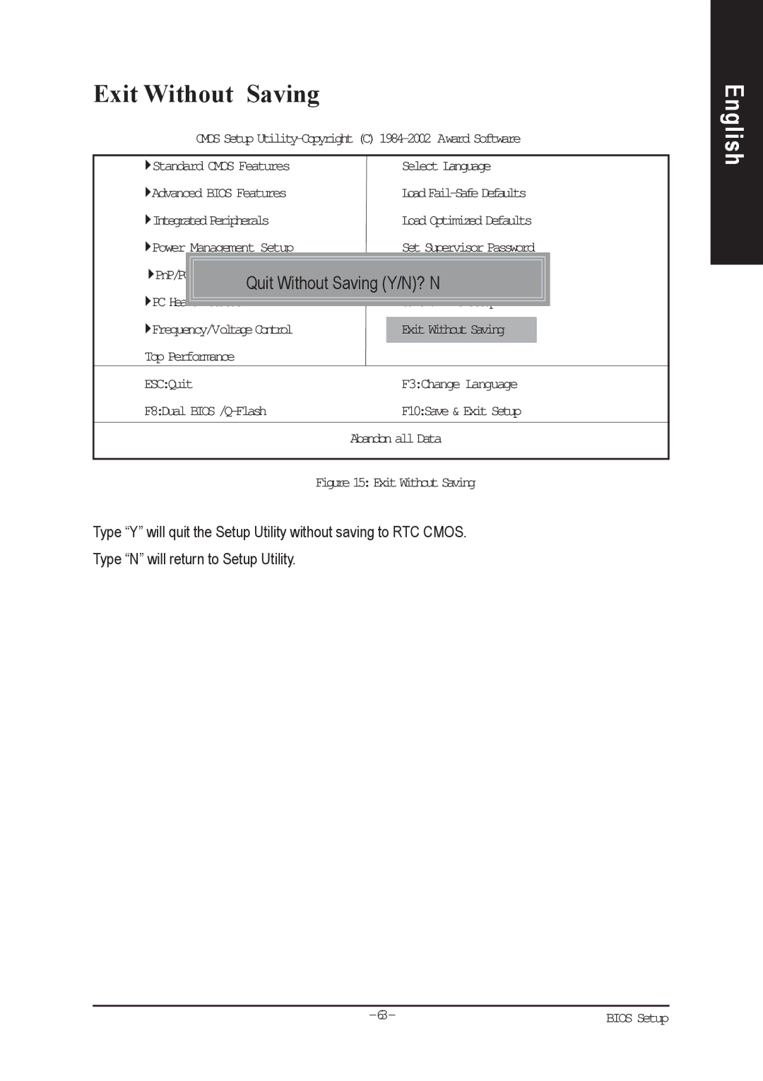 Gigabyte AGP 4X(1.5V) manual Exit Without Saving, Quit Without Saving Y/N? N 