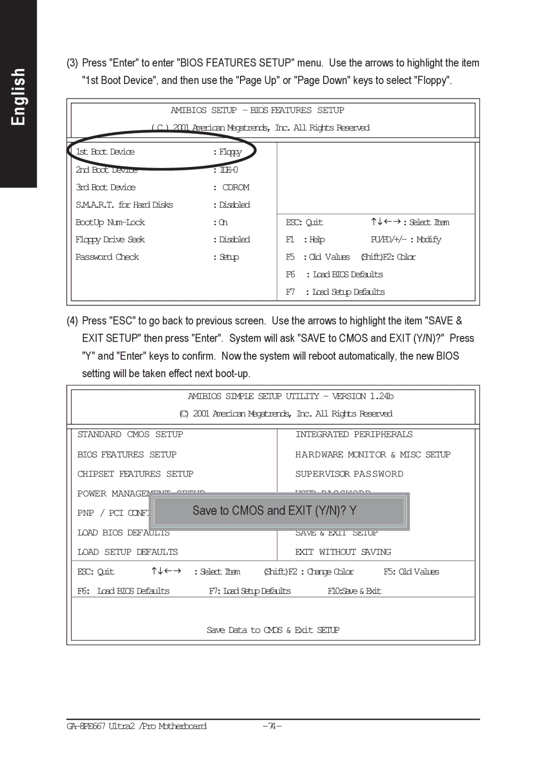 Gigabyte AGP 4X(1.5V) manual Save to Cmos and Exit Y/N? Y 