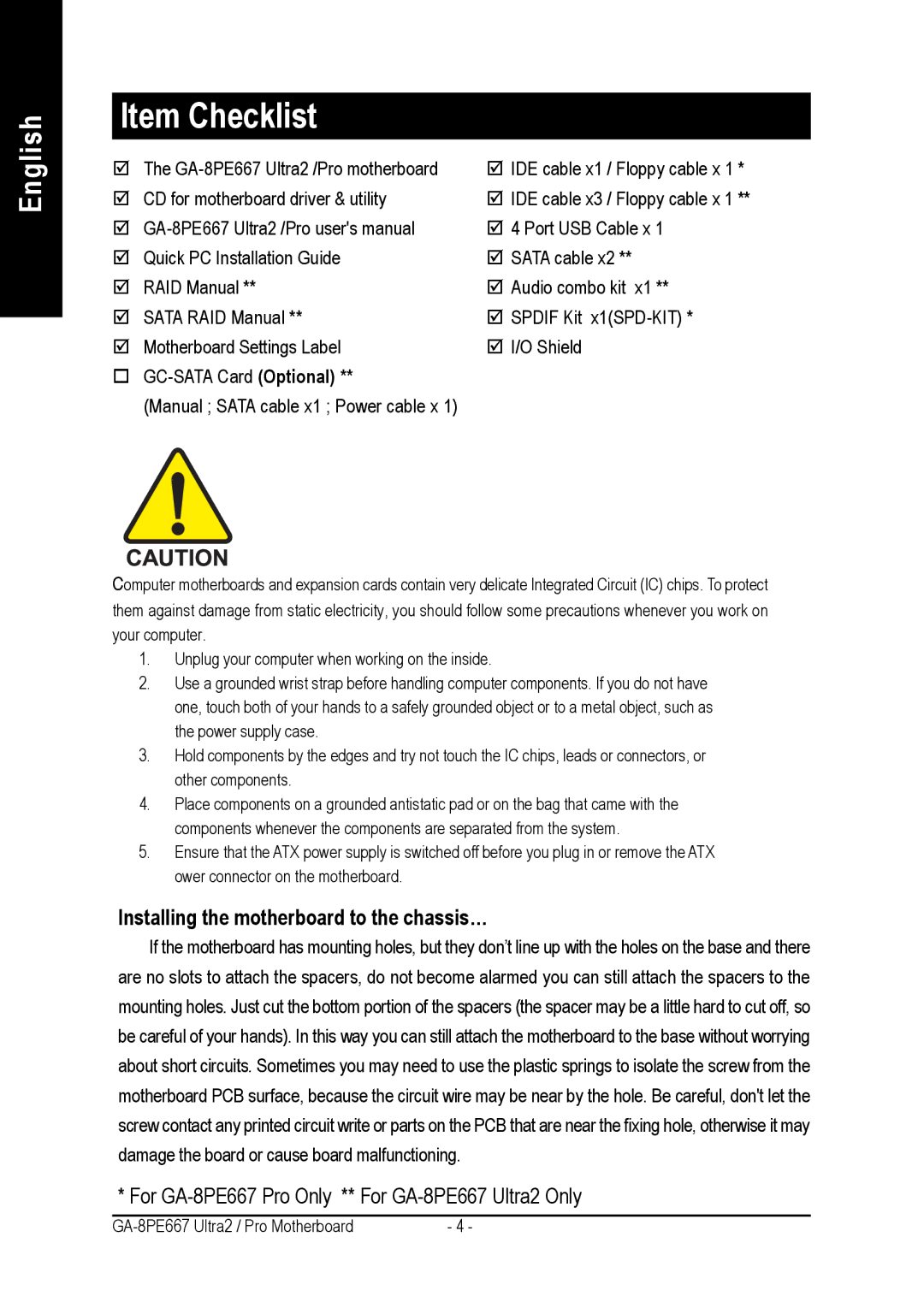 Gigabyte AGP 4X(1.5V) manual Item Checklist, Installing the motherboard to the chassis… 