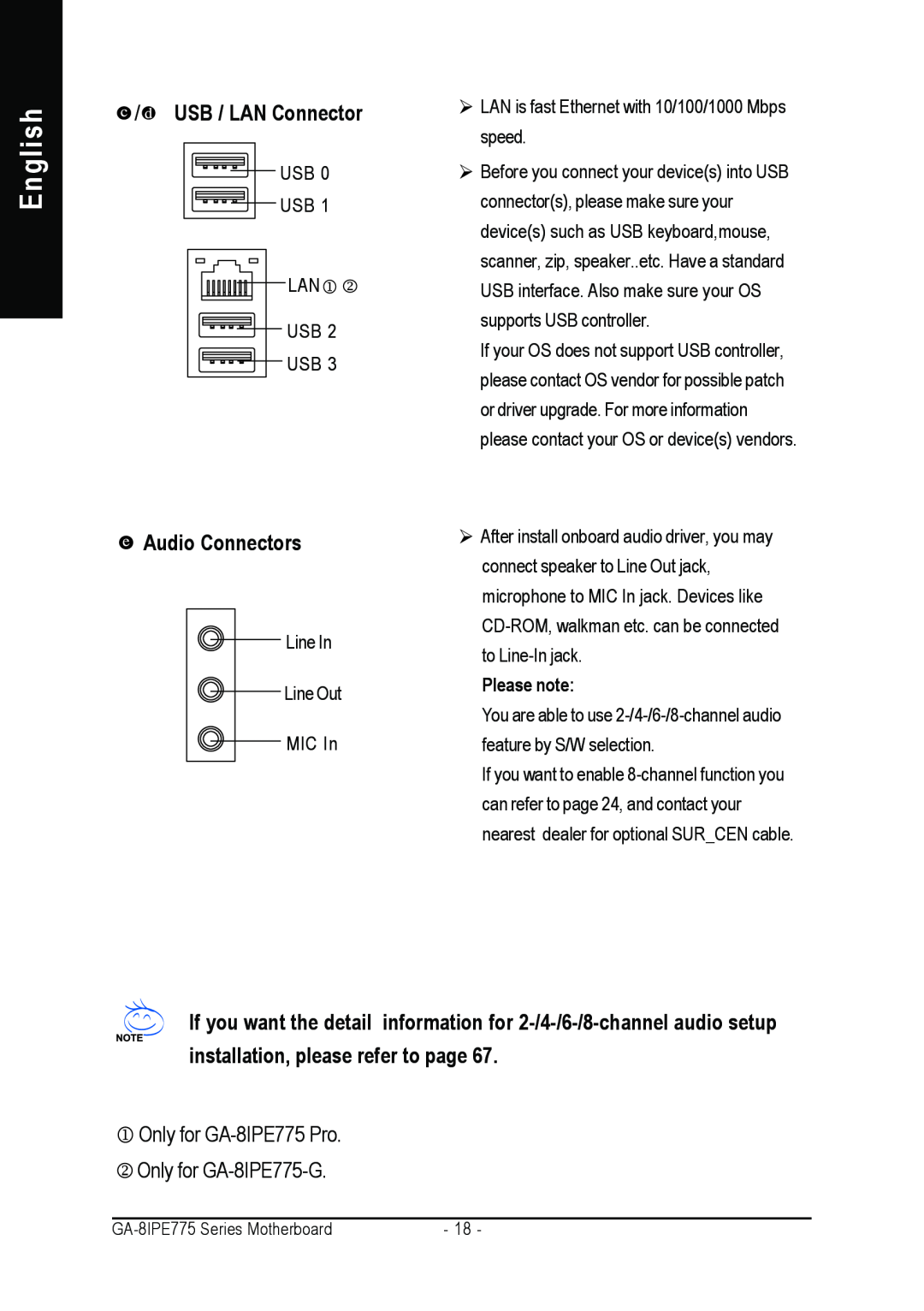 Gigabyte AGP 4X/8X manual English, Audio Connectors, USB / LAN Connector, Please note 