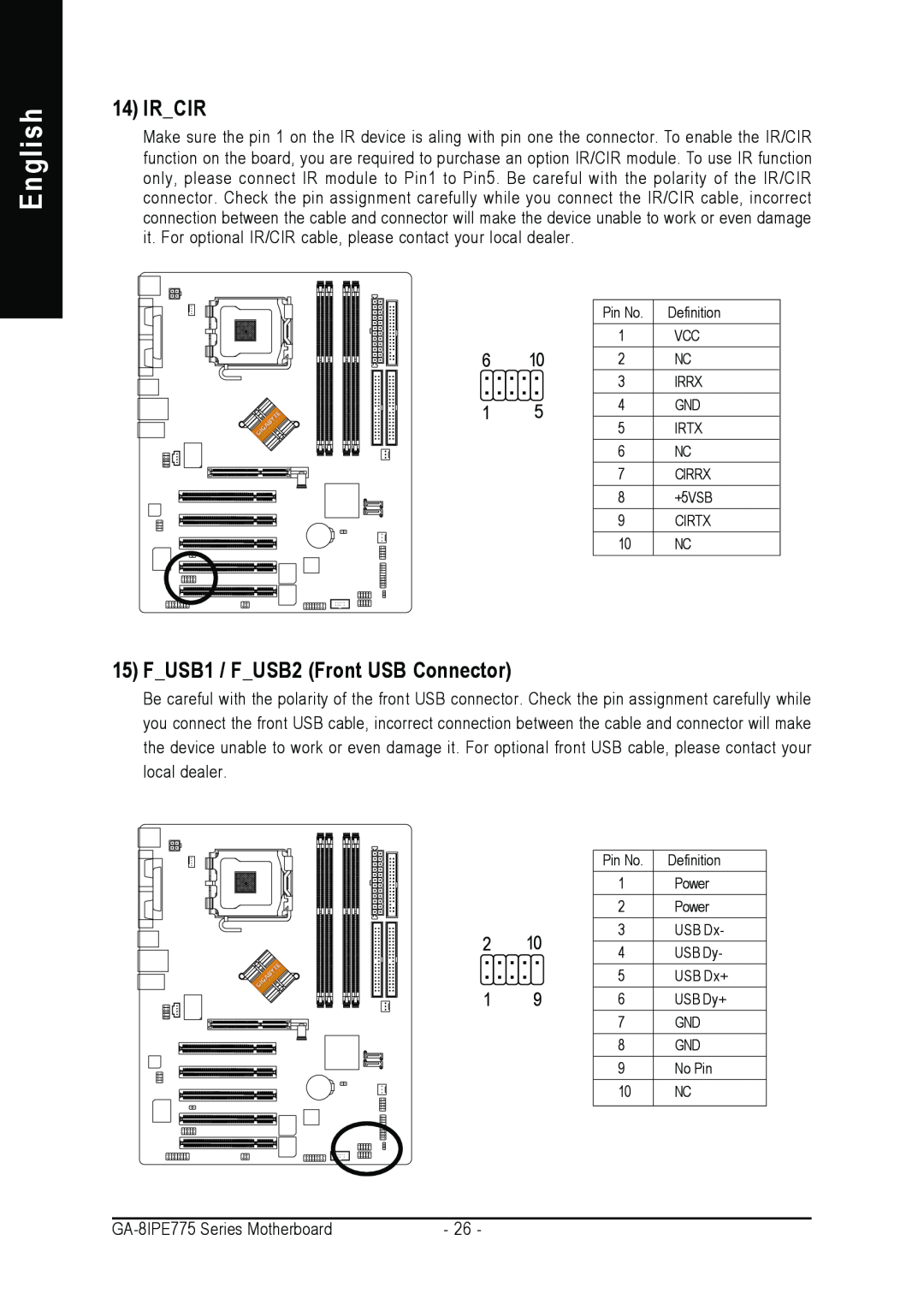 Gigabyte AGP 4X/8X manual English, Ircir, FUSB1 / FUSB2 Front USB Connector 