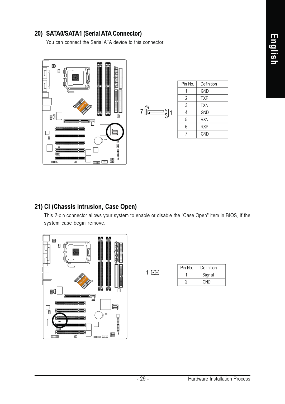 Gigabyte AGP 4X/8X manual English, SATA0/SATA1 Serial ATA Connector, CI Chassis Intrusion, Case Open 