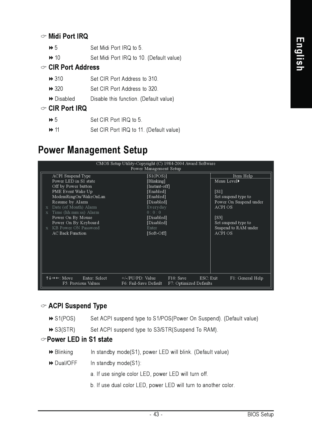Gigabyte AGP 4X/8X manual Power Management Setup, English, Midi Port IRQ, CIR Port Address, ACPI Suspend Type 