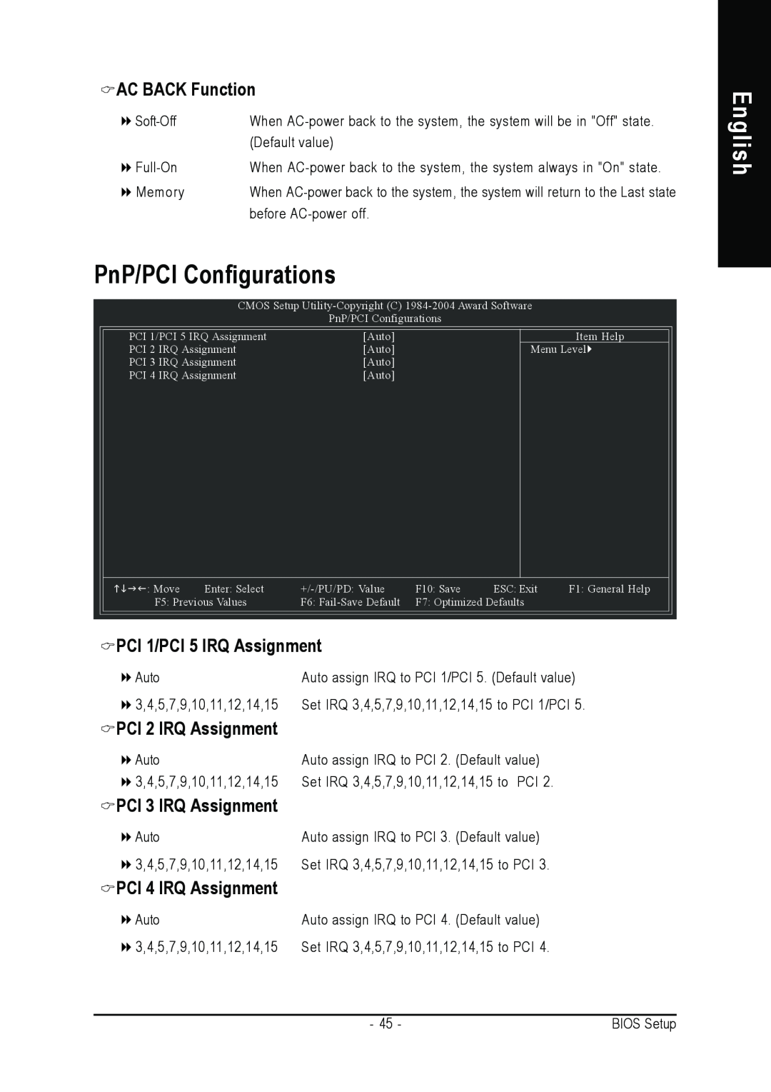 Gigabyte AGP 4X/8X PnP/PCI Configurations, English, AC BACK Function, PCI 1/PCI 5 IRQ Assignment, PCI 2 IRQ Assignment 