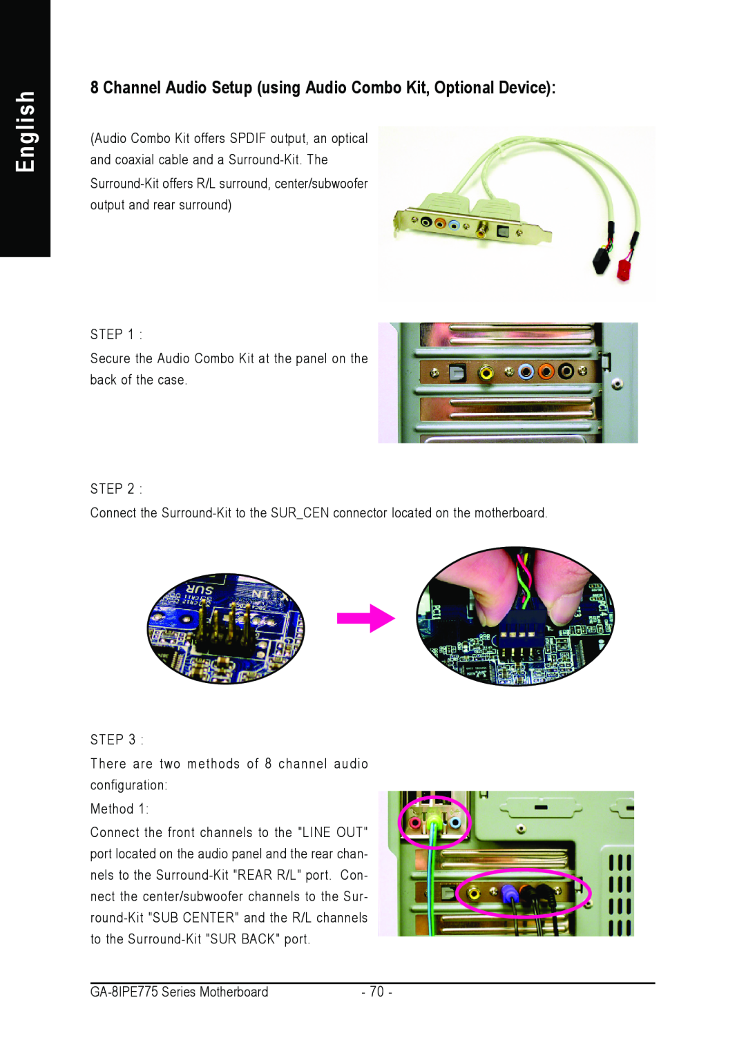 Gigabyte AGP 4X/8X manual English, Channel Audio Setup using Audio Combo Kit, Optional Device 
