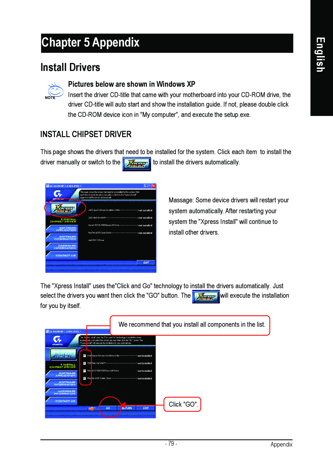 Gigabyte AGP 4X/8X manual Appendix, Install Drivers, English, Pictures below are shown in Windows XP 