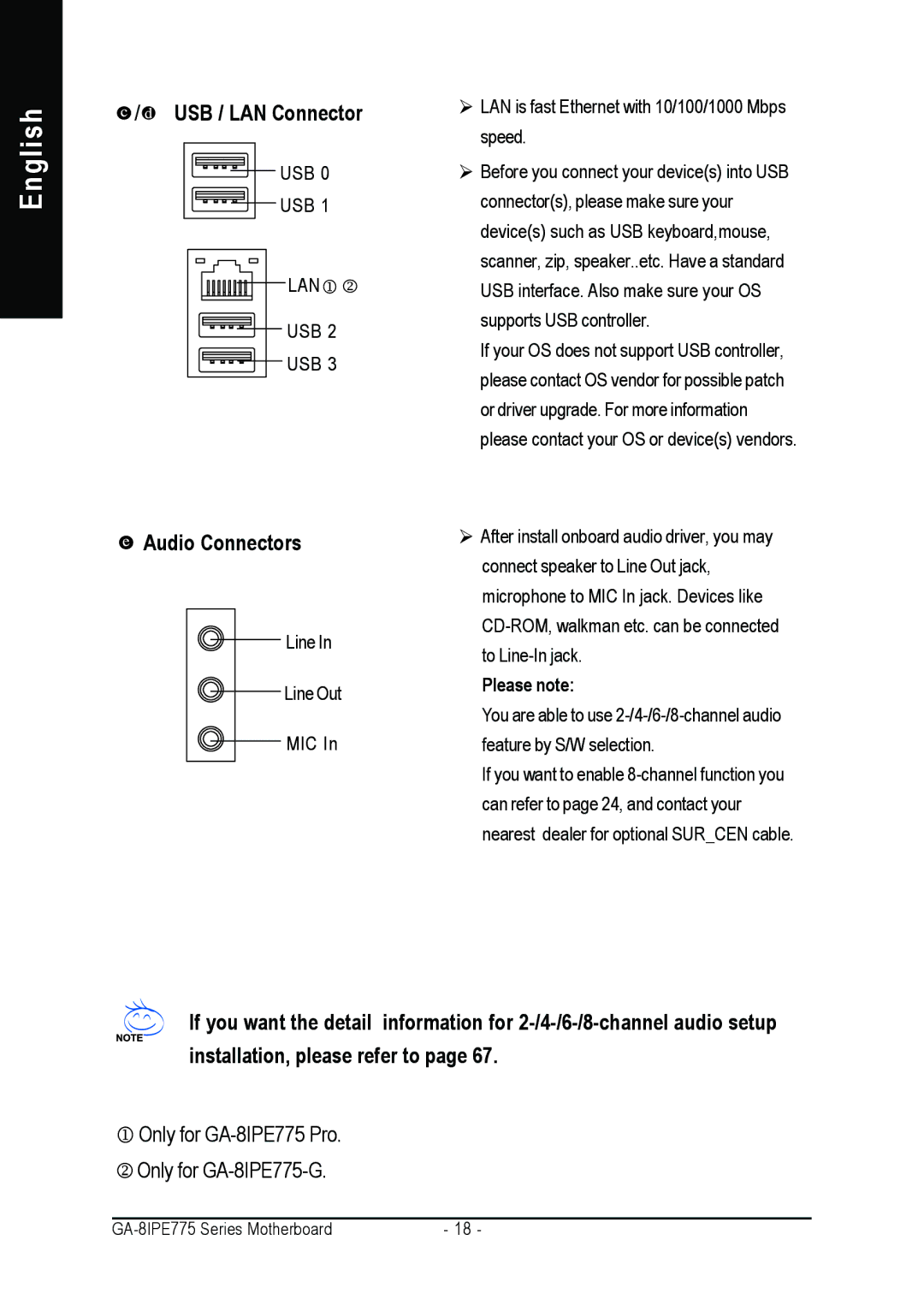 Gigabyte AGP 4X/8X manual USB / LAN Connector, Audio Connectors 