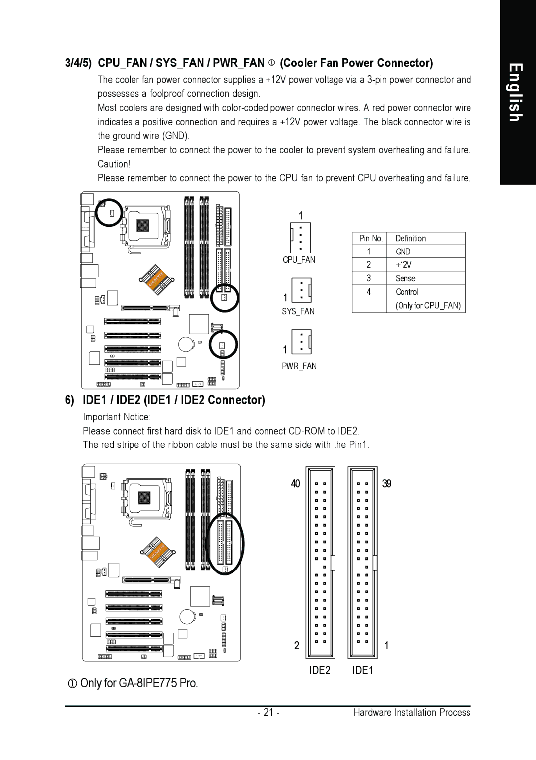 Gigabyte AGP 4X/8X manual Cpufan / Sysfan / Pwrfan Cooler Fan Power Connector, IDE1 / IDE2 IDE1 / IDE2 Connector 