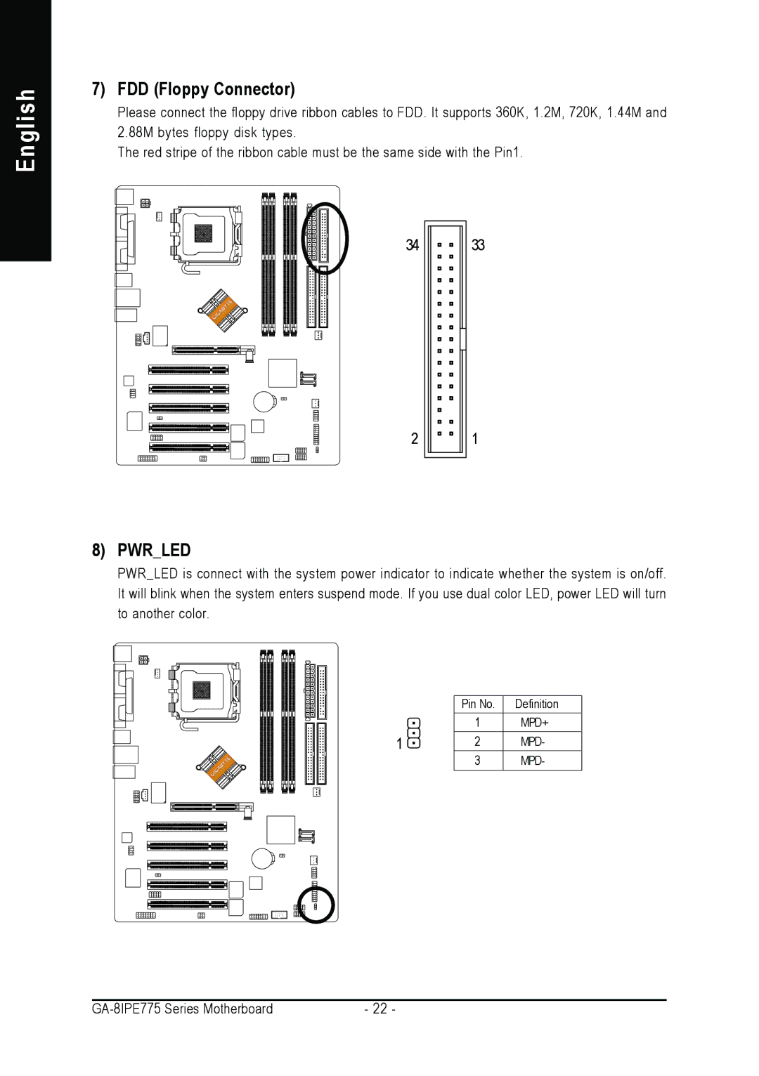 Gigabyte AGP 4X/8X manual FDD Floppy Connector, Pwrled 