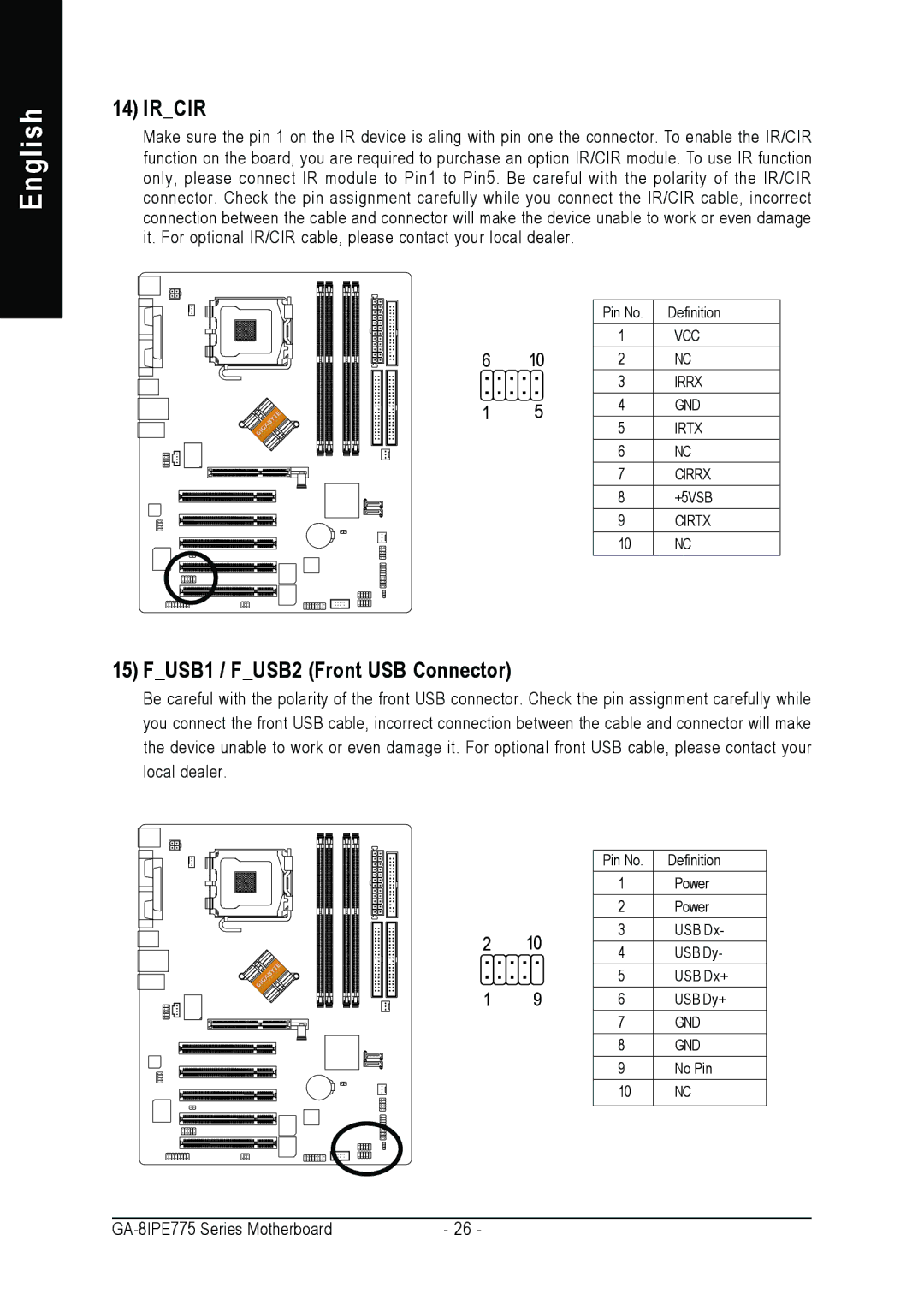 Gigabyte AGP 4X/8X manual Ircir, FUSB1 / FUSB2 Front USB Connector 