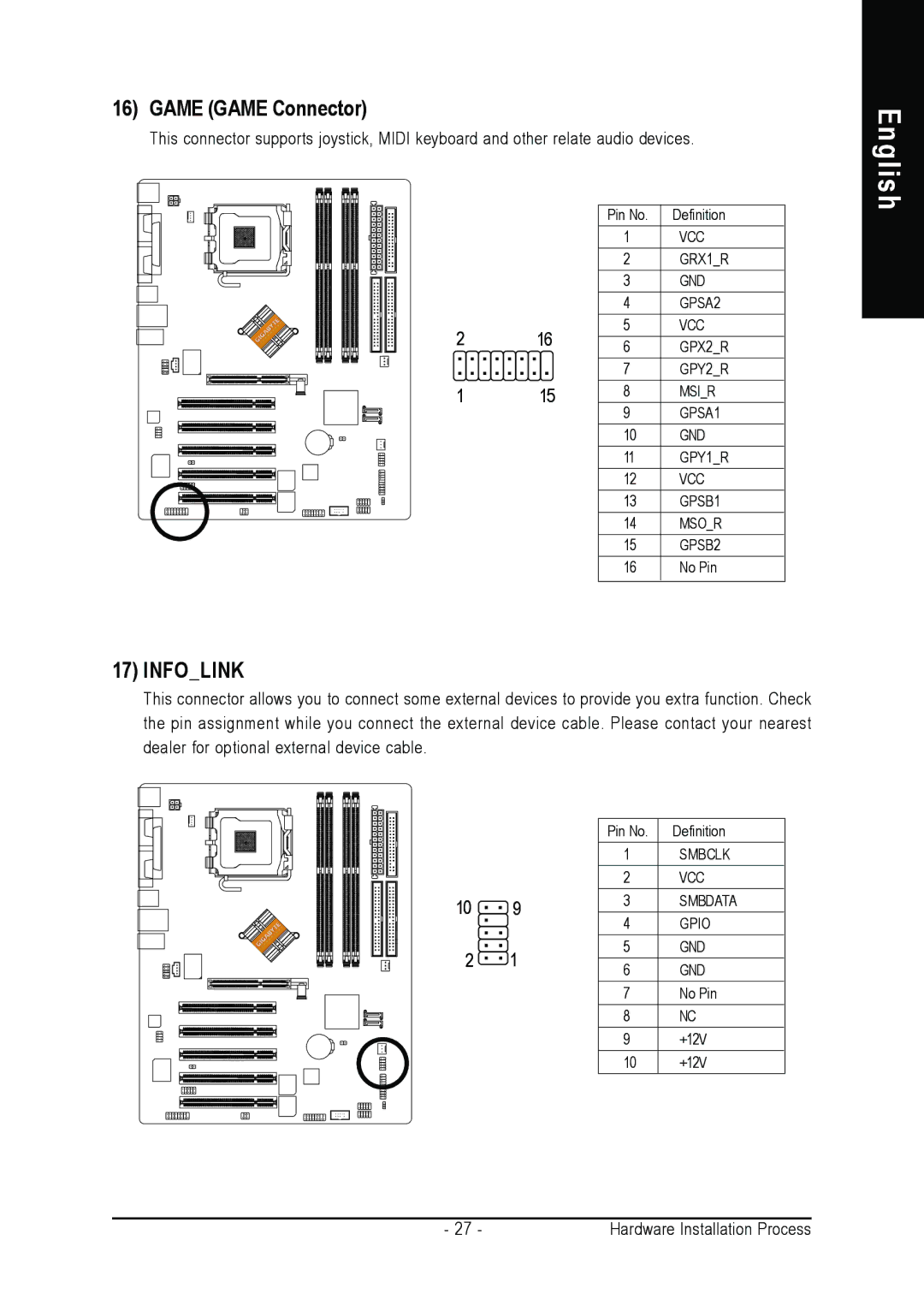 Gigabyte AGP 4X/8X manual Game Game Connector, Infolink 