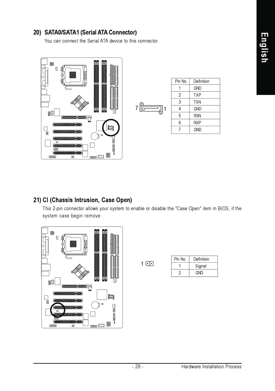 Gigabyte AGP 4X/8X manual SATA0/SATA1 Serial ATA Connector, CI Chassis Intrusion, Case Open 