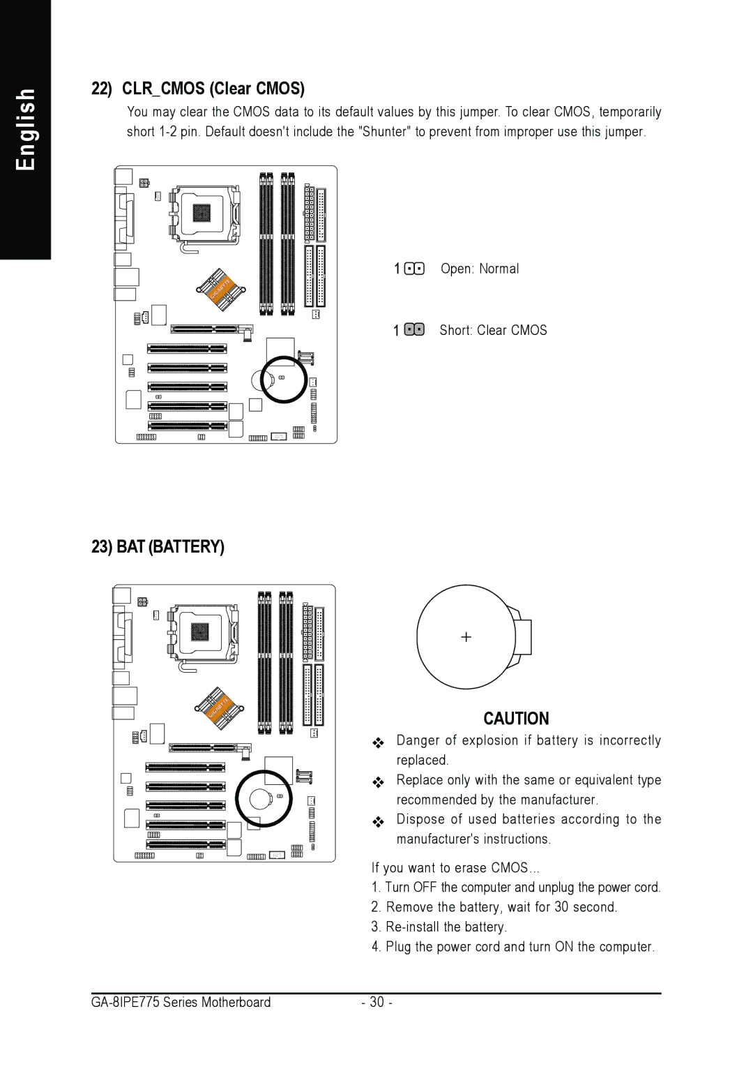 Gigabyte AGP 4X/8X manual Clrcmos Clear Cmos, BAT Battery 