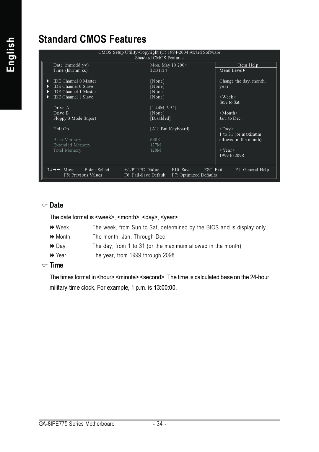 Gigabyte AGP 4X/8X manual Standard Cmos Features, Date, Time 