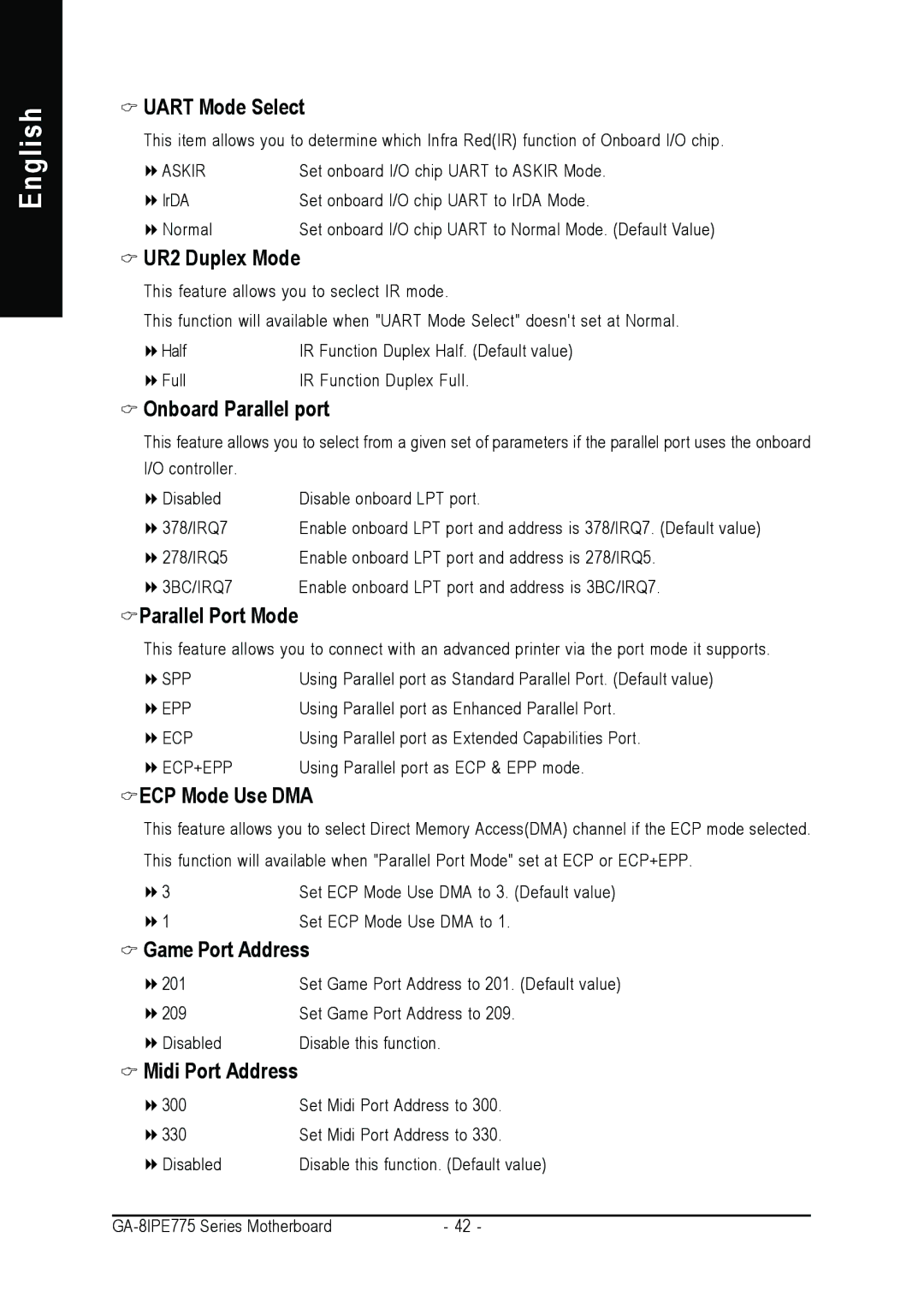 Gigabyte AGP 4X/8X manual Uart Mode Select, UR2 Duplex Mode, Onboard Parallel port, Parallel Port Mode, ECP Mode Use DMA 