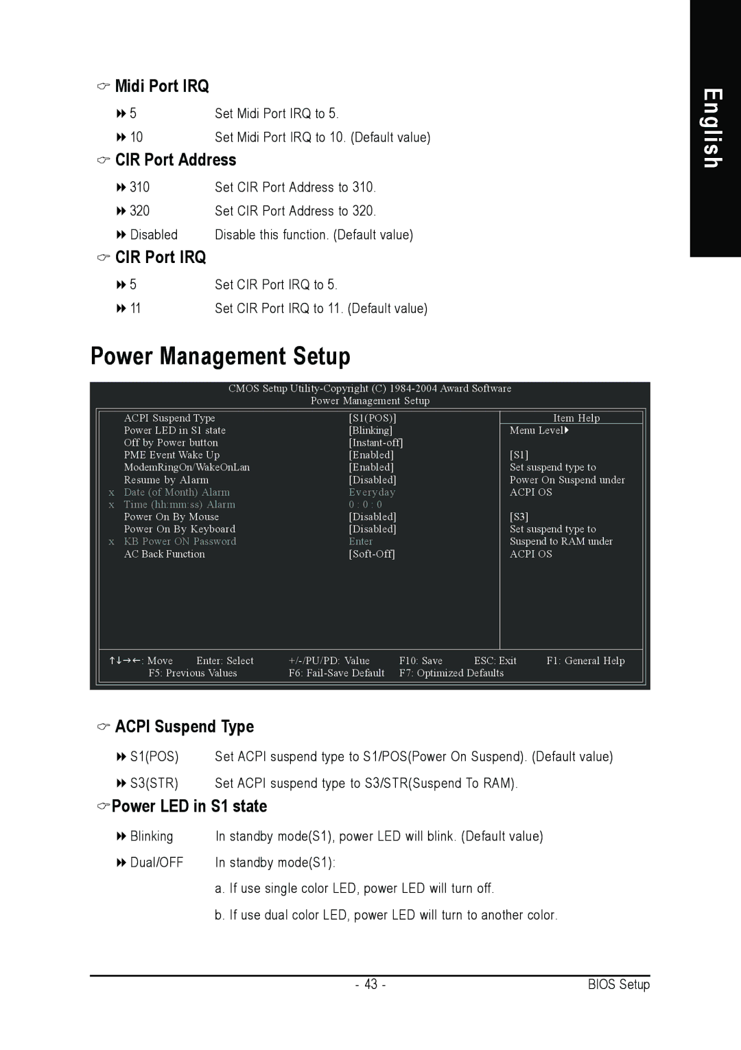 Gigabyte AGP 4X/8X manual Power Management Setup, Midi Port IRQ, CIR Port Address, CIR Port IRQ 