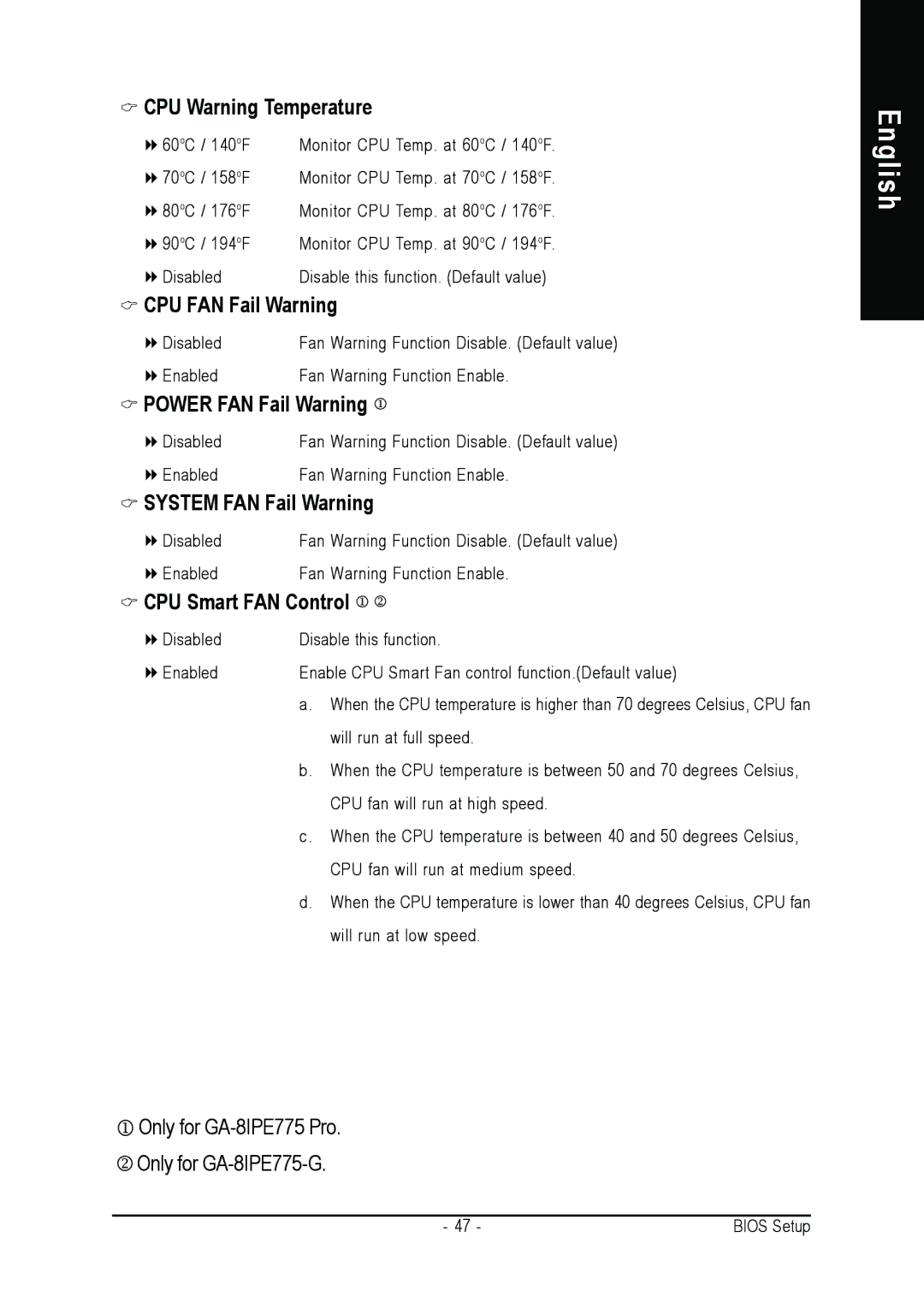 Gigabyte AGP 4X/8X manual CPU Warning Temperature, CPU FAN Fail Warning, Power FAN Fail Warning, System FAN Fail Warning 