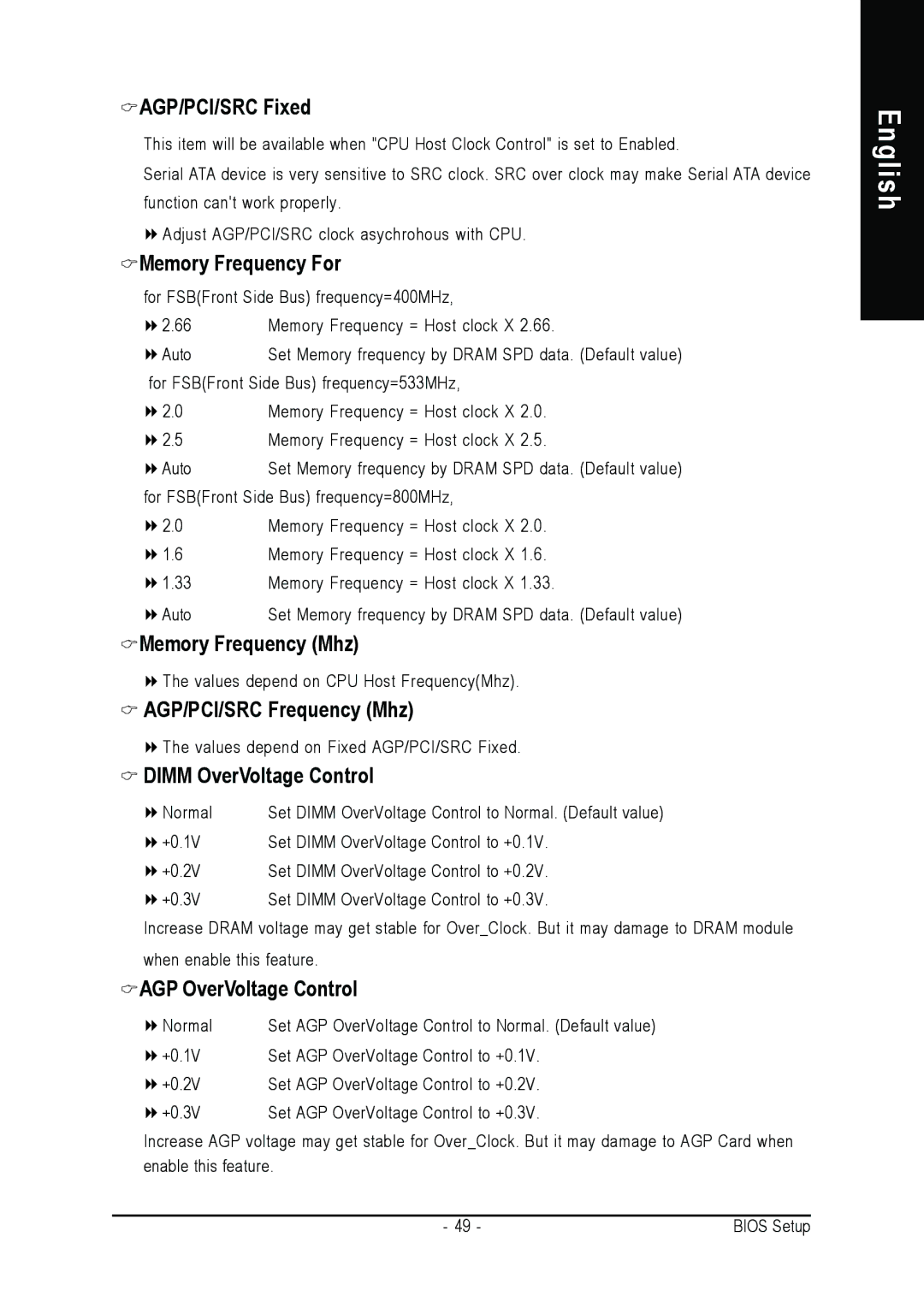 Gigabyte AGP 4X/8X manual AGP/PCI/SRC Fixed, Memory Frequency For, Memory Frequency Mhz, AGP/PCI/SRC Frequency Mhz 