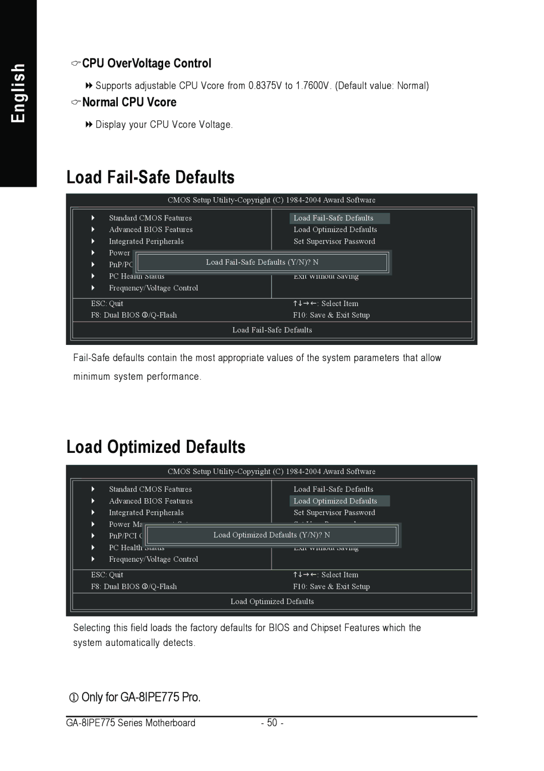 Gigabyte AGP 4X/8X manual Load Fail-Safe Defaults, Load Optimized Defaults, CPU OverVoltage Control, Normal CPU Vcore 