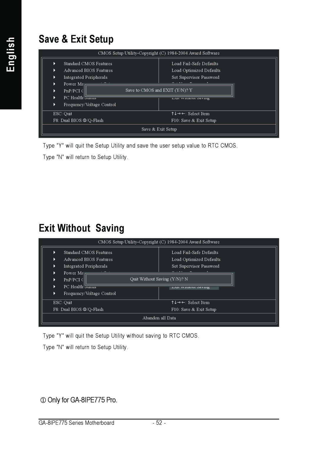 Gigabyte AGP 4X/8X manual Save & Exit Setup, Exit Without Saving 