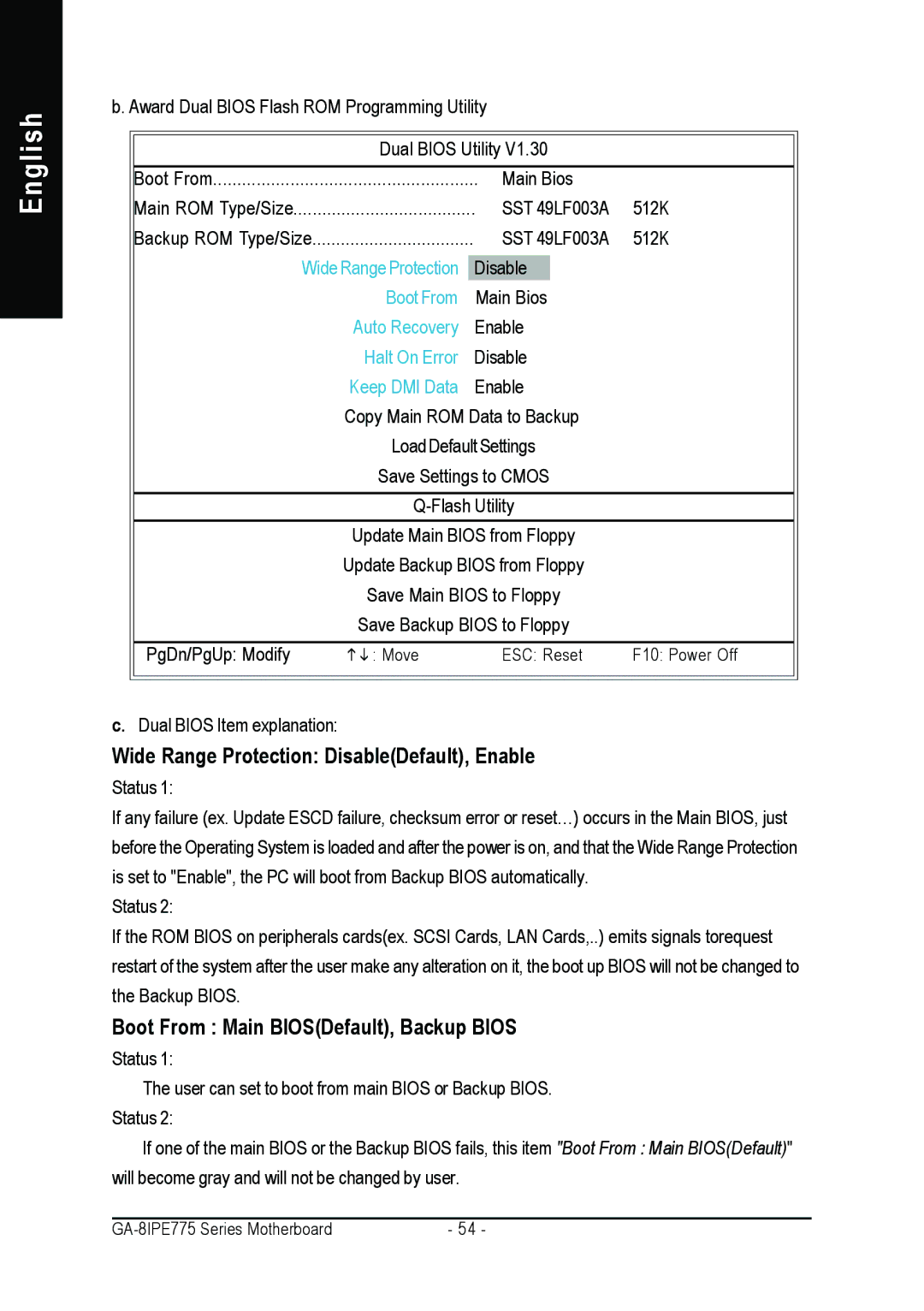 Gigabyte AGP 4X/8X manual Wide Range Protection DisableDefault, Enable, Boot From Main BIOSDefault, Backup Bios 