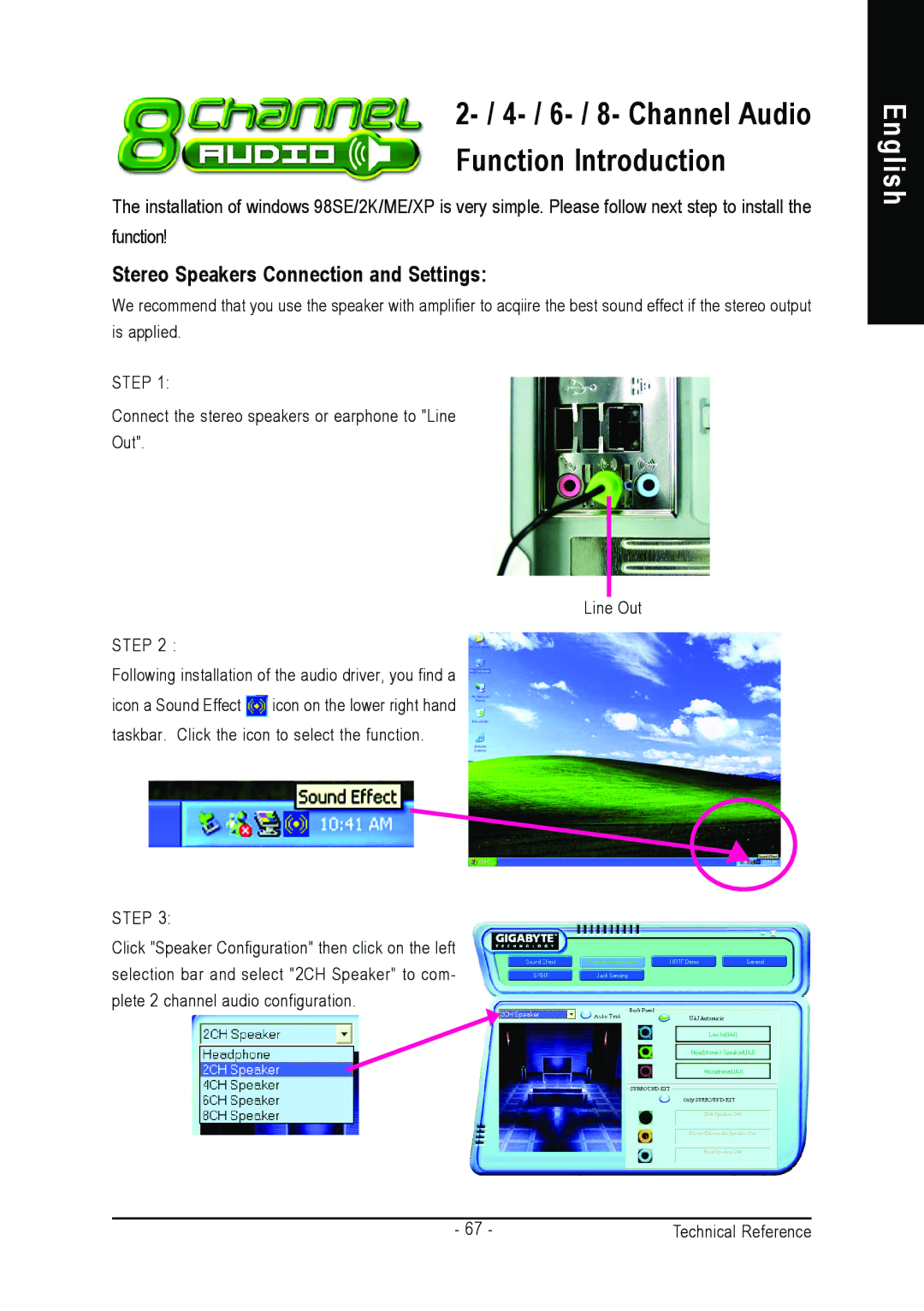 Gigabyte AGP 4X/8X manual 6- / 8- Channel Audio Function Introduction, Stereo Speakers Connection and Settings 