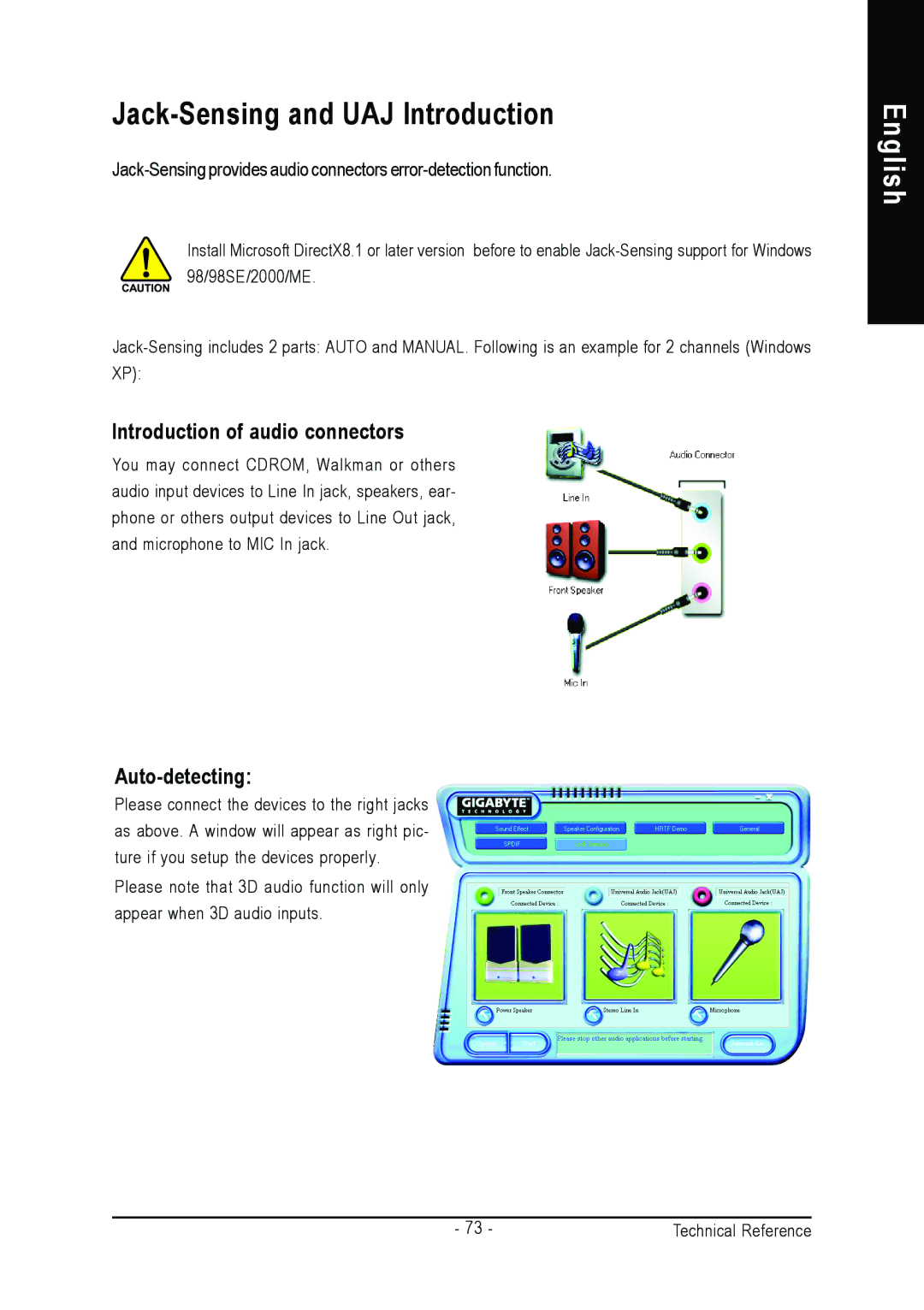 Gigabyte AGP 4X/8X manual Jack-Sensing and UAJ Introduction, Introduction of audio connectors, Auto-detecting 