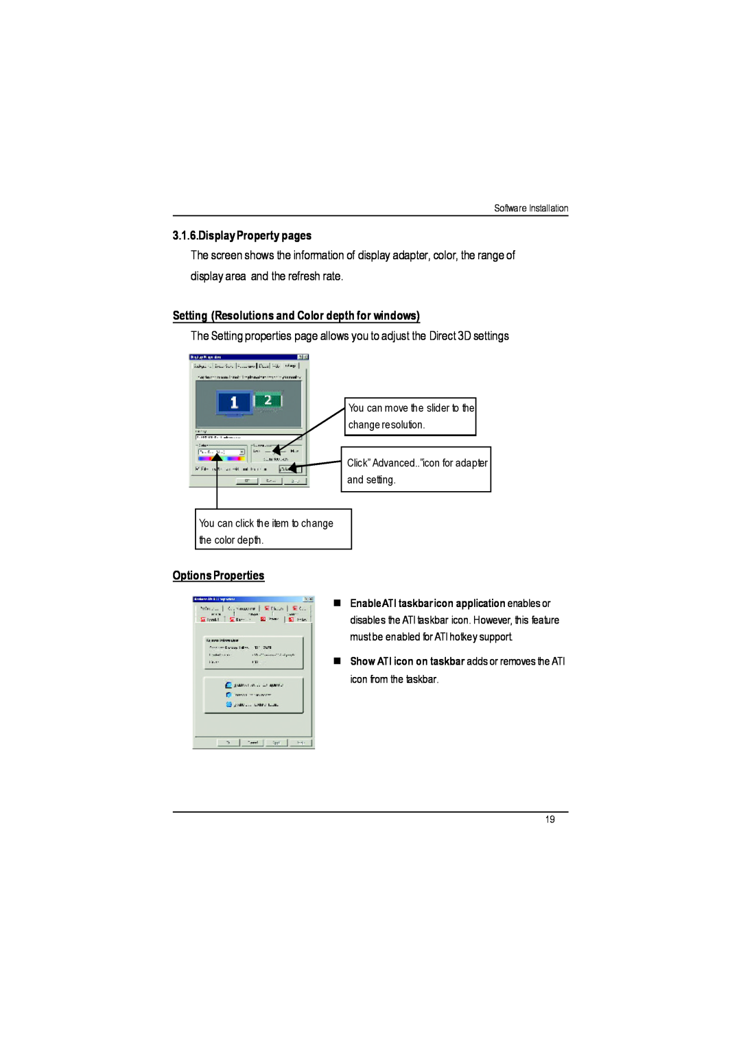 Gigabyte AP64D-H user manual Display Property pages, Setting Resolutions and Color depth for windows, Options Properties 