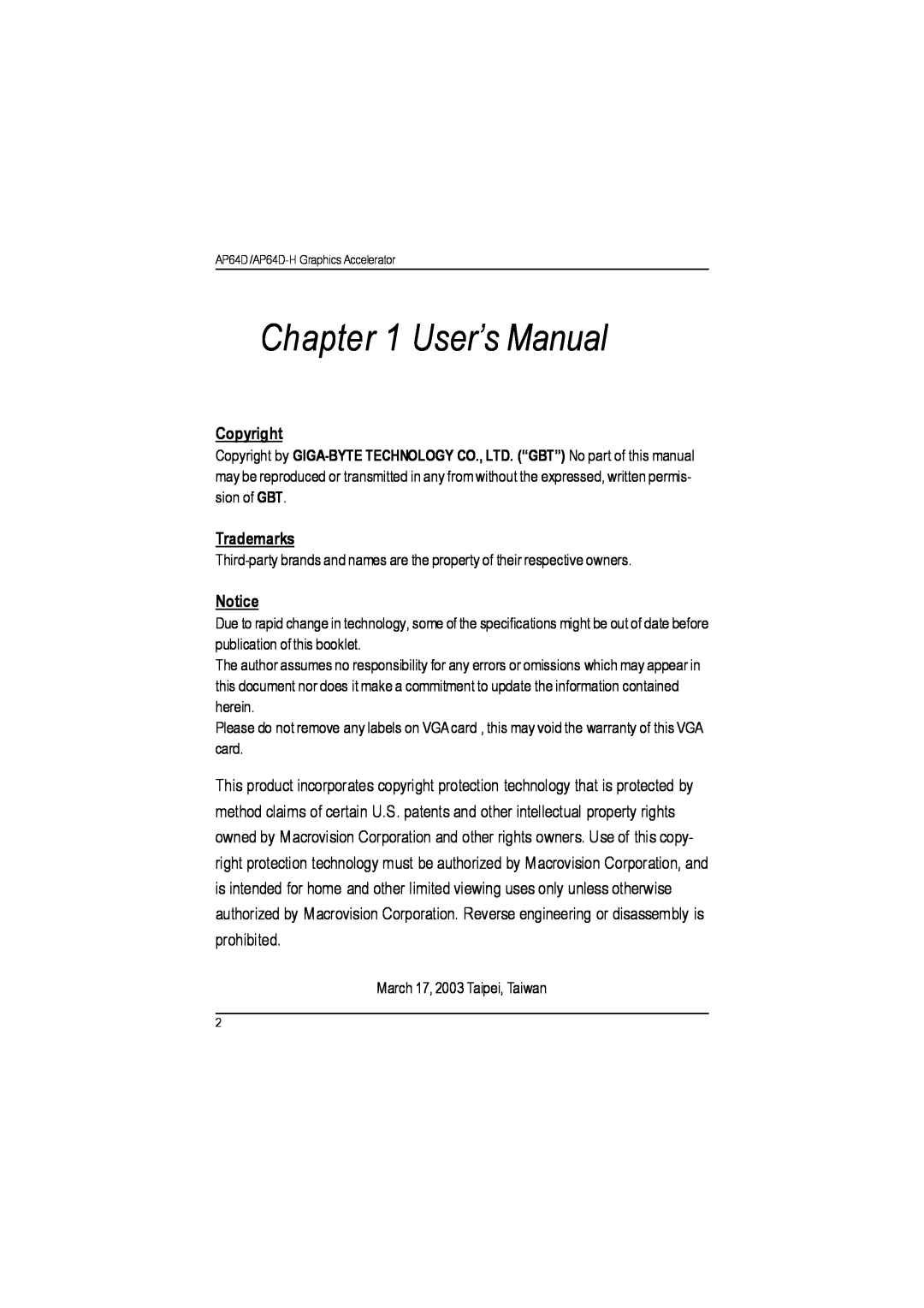 Gigabyte AP64D-H user manual Copyright, Trademarks, User’s Manual 