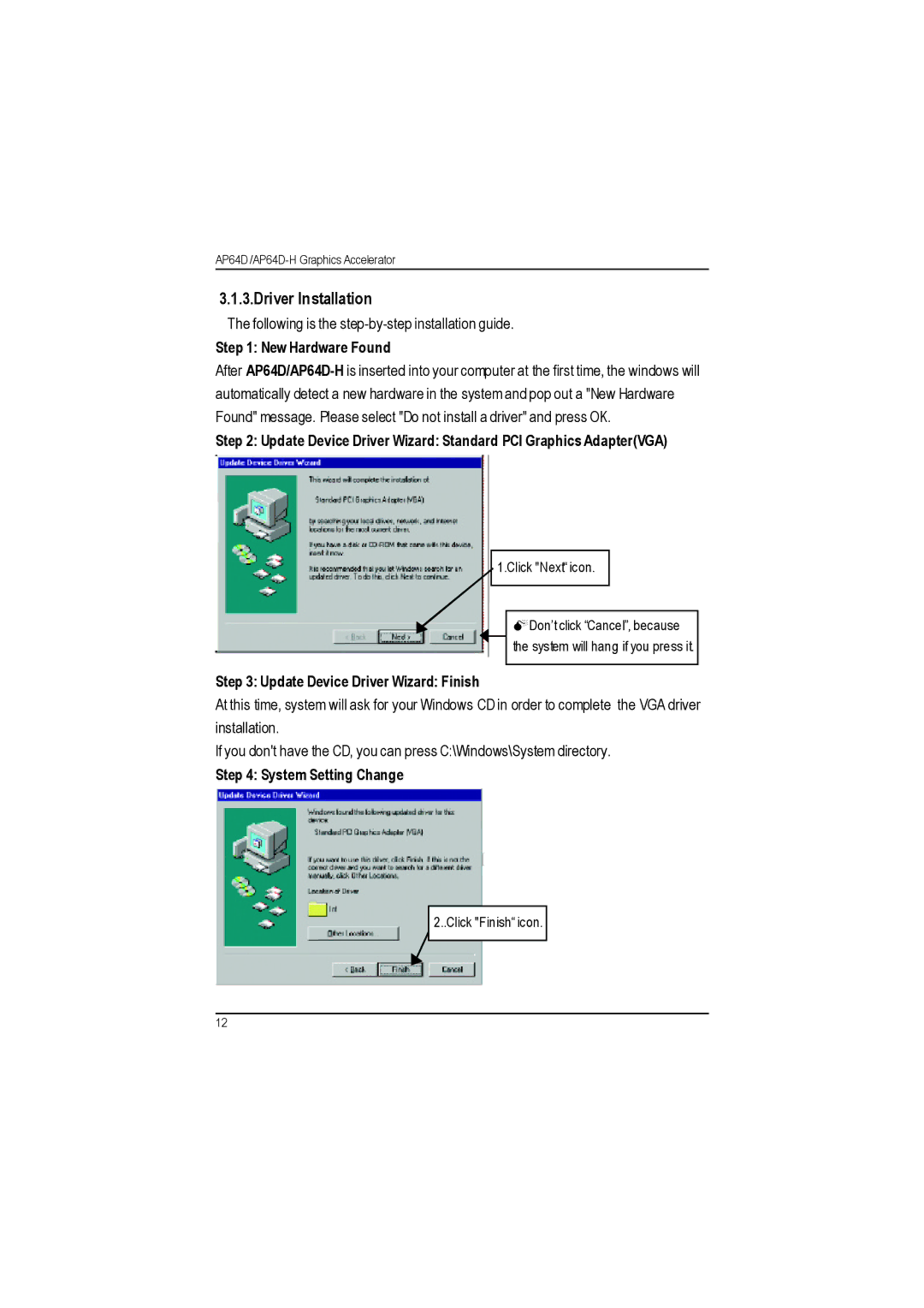 Gigabyte AP64D-H user manual New Hardware Found, Update Device Driver Wizard Finish, System Setting Change 