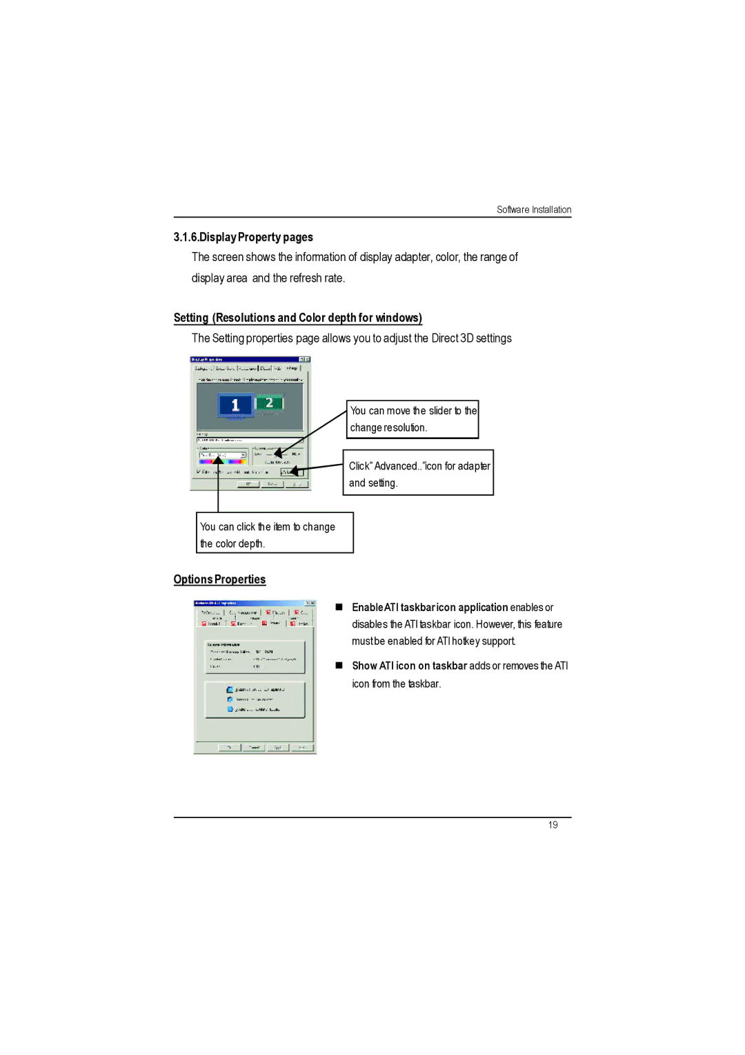 Gigabyte AP64D-H user manual Display Property pages, Setting Resolutions and Color depth for windows, Options Properties 