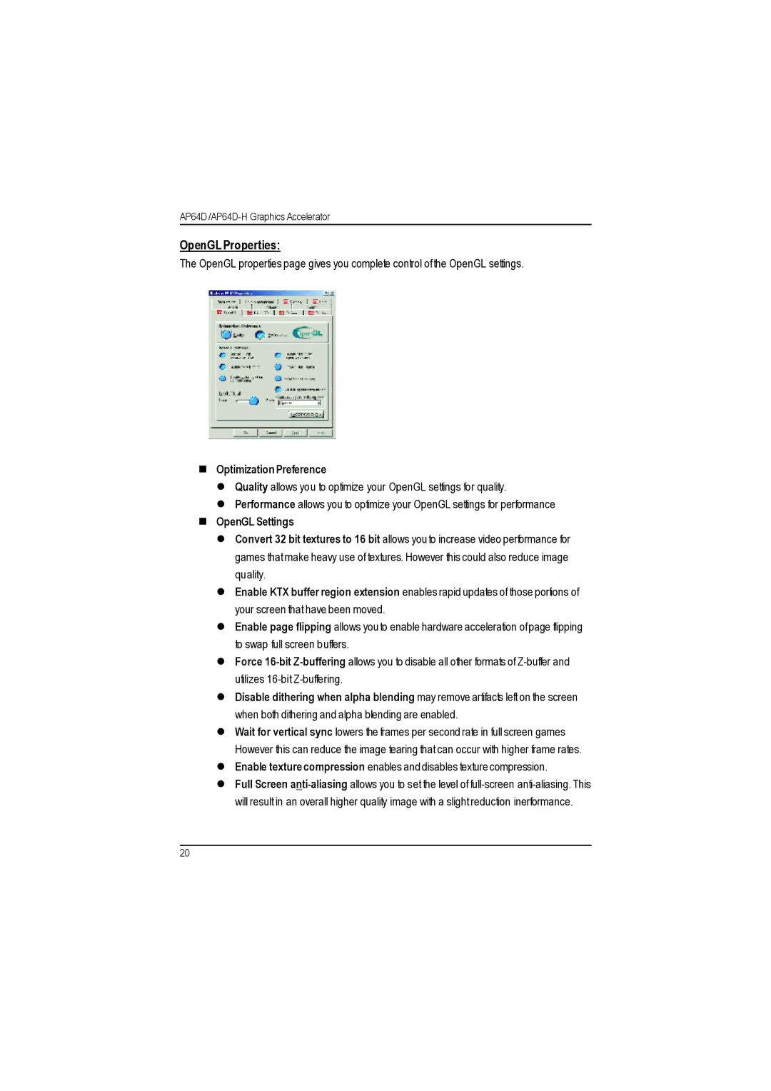 Gigabyte AP64D-H user manual OpenGL Properties, Optimization Preference 