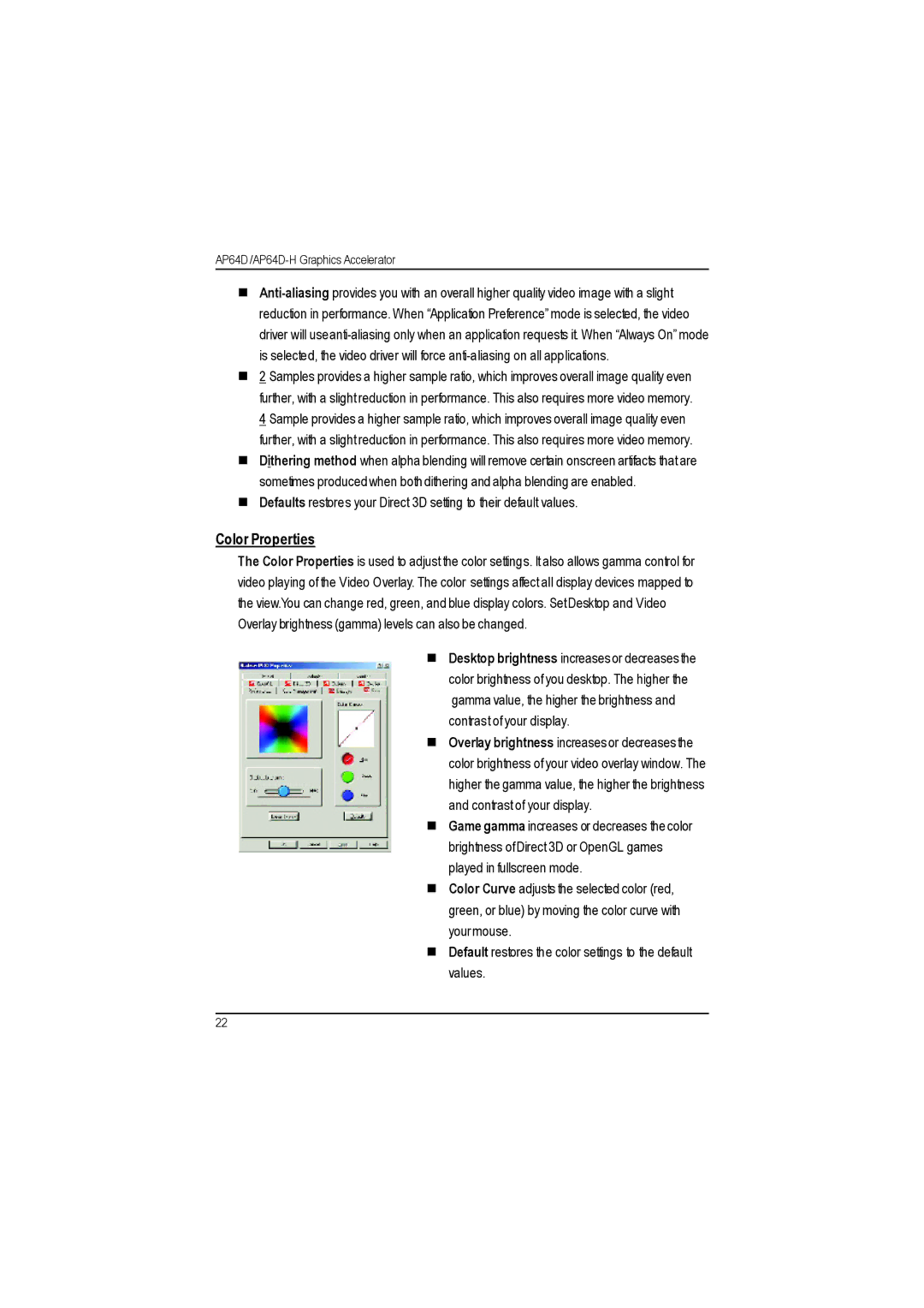 Gigabyte AP64D-H user manual Color Properties 