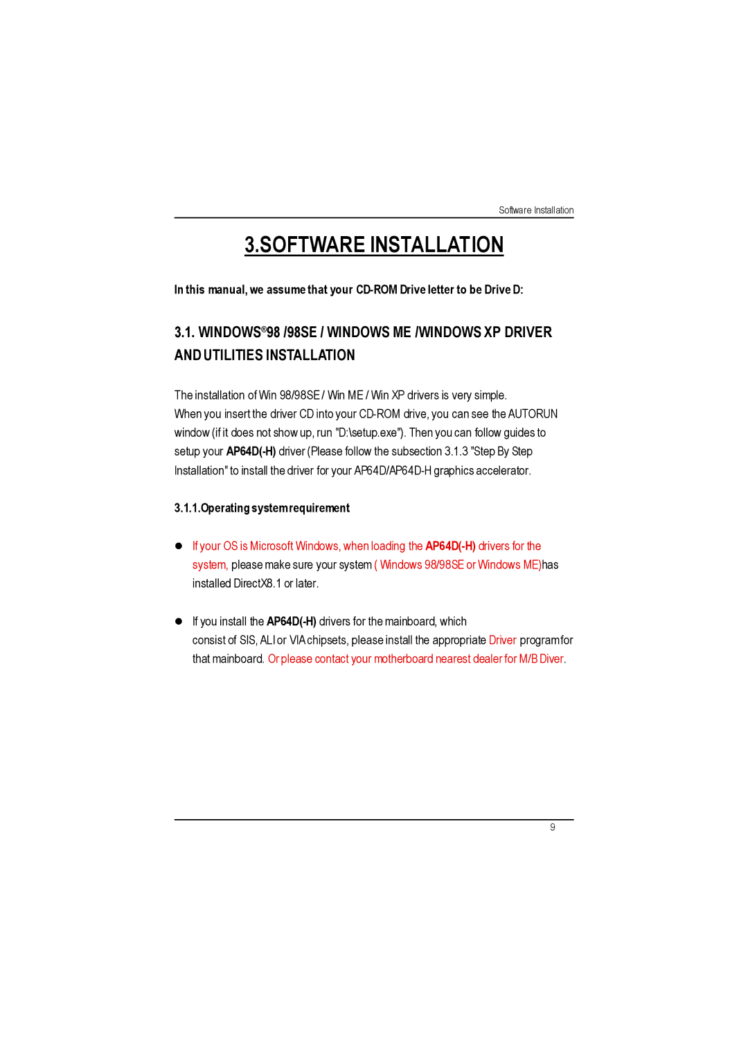 Gigabyte AP64D-H user manual Software Installation, Operating system requirement 