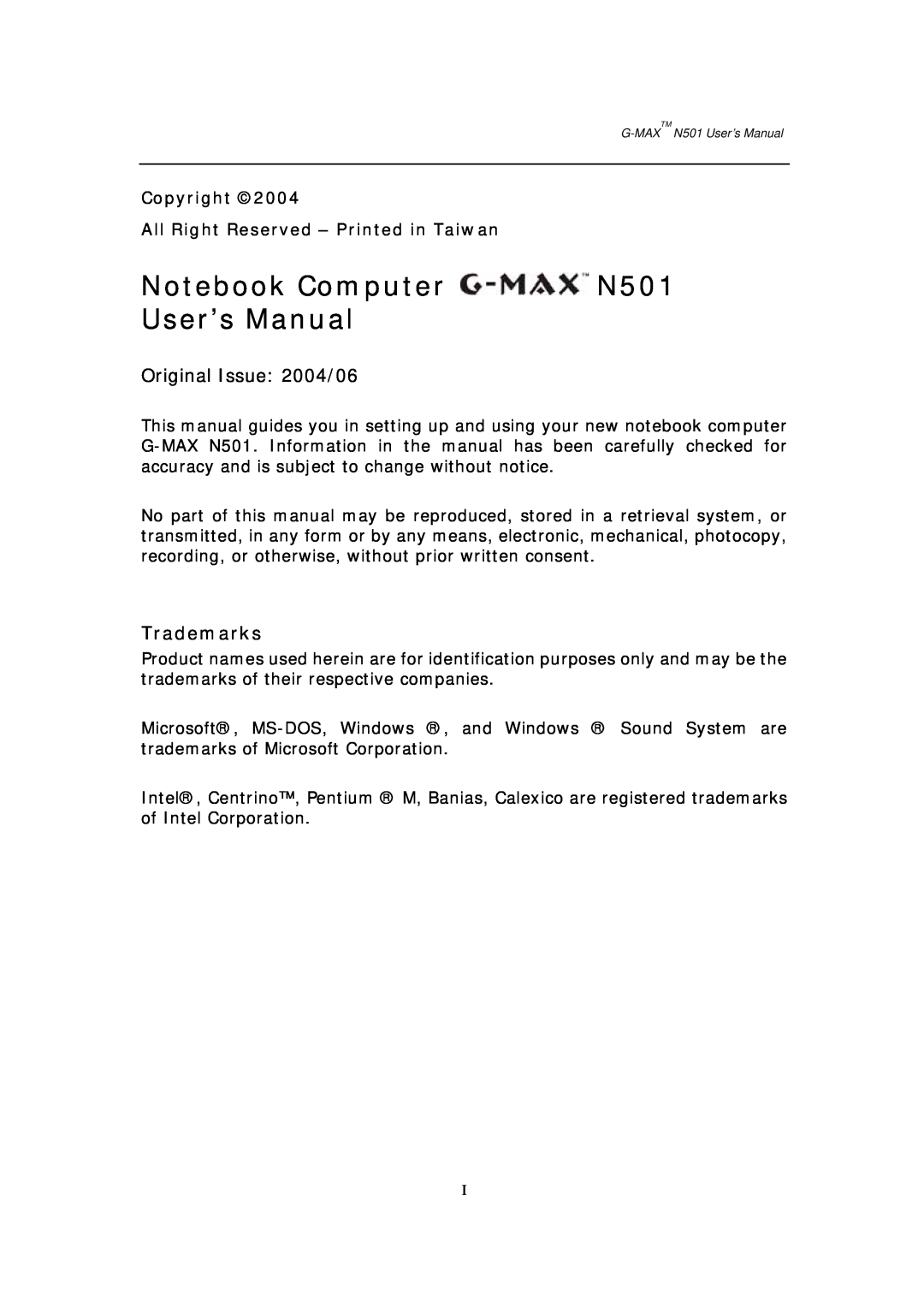 Gigabyte G-MAX N501 user manual Notebook Computer N501 User’s Manual, Trademarks 