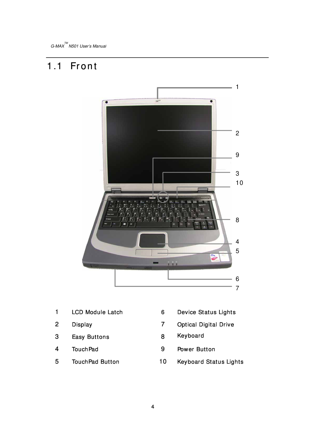 Gigabyte G-MAX N501 user manual Front, LCD Module Latch, Display, Easy Buttons, TouchPad Button, Keyboard Status Lights 