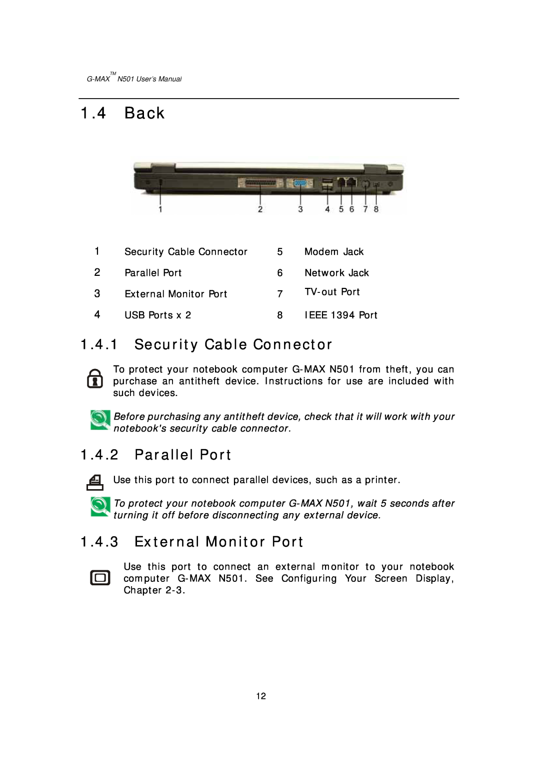 Gigabyte G-MAX N501 user manual Back, Security Cable Connector, Parallel Port, External Monitor Port 