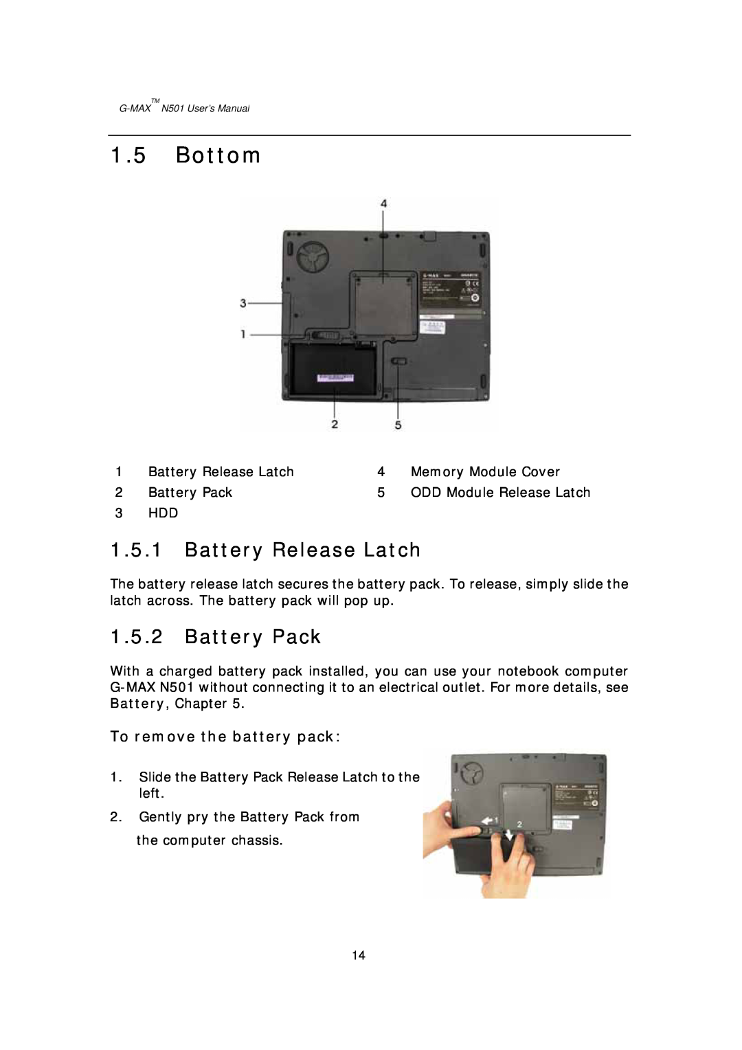 Gigabyte G-MAX N501 user manual Bottom, Battery Release Latch, Battery Pack, To remove the battery pack 