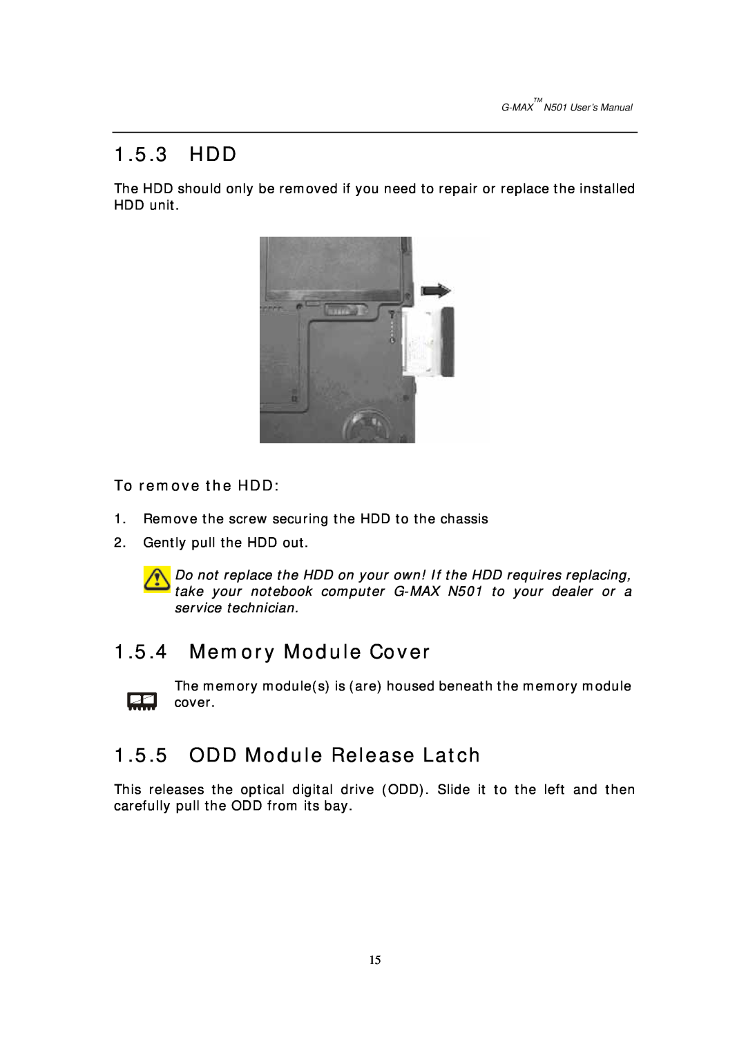 Gigabyte G-MAX N501 user manual 1.5.3 HDD, Memory Module Cover, ODD Module Release Latch, To remove the HDD 
