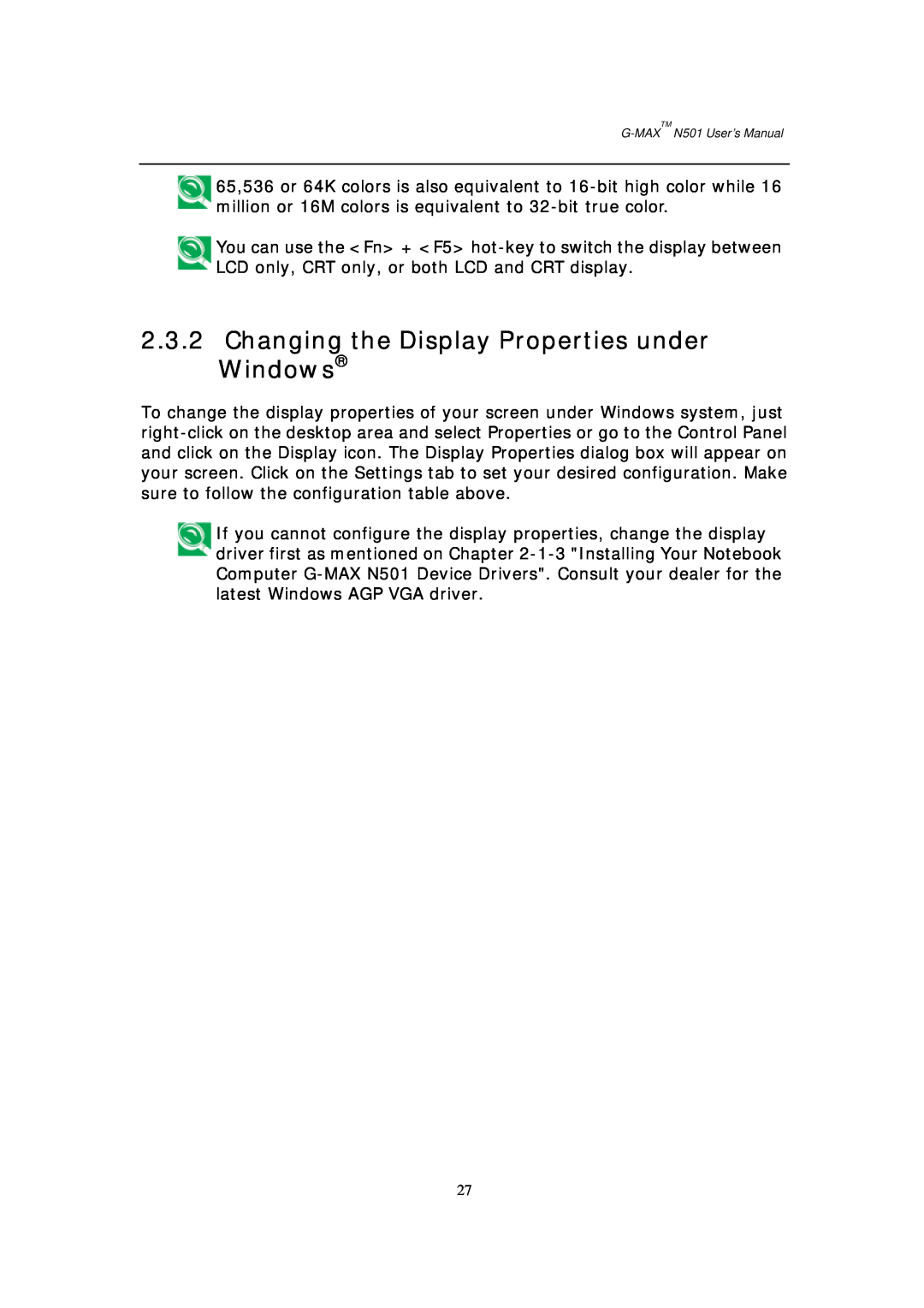 Gigabyte G-MAX N501 user manual Changing the Display Properties under Windows 