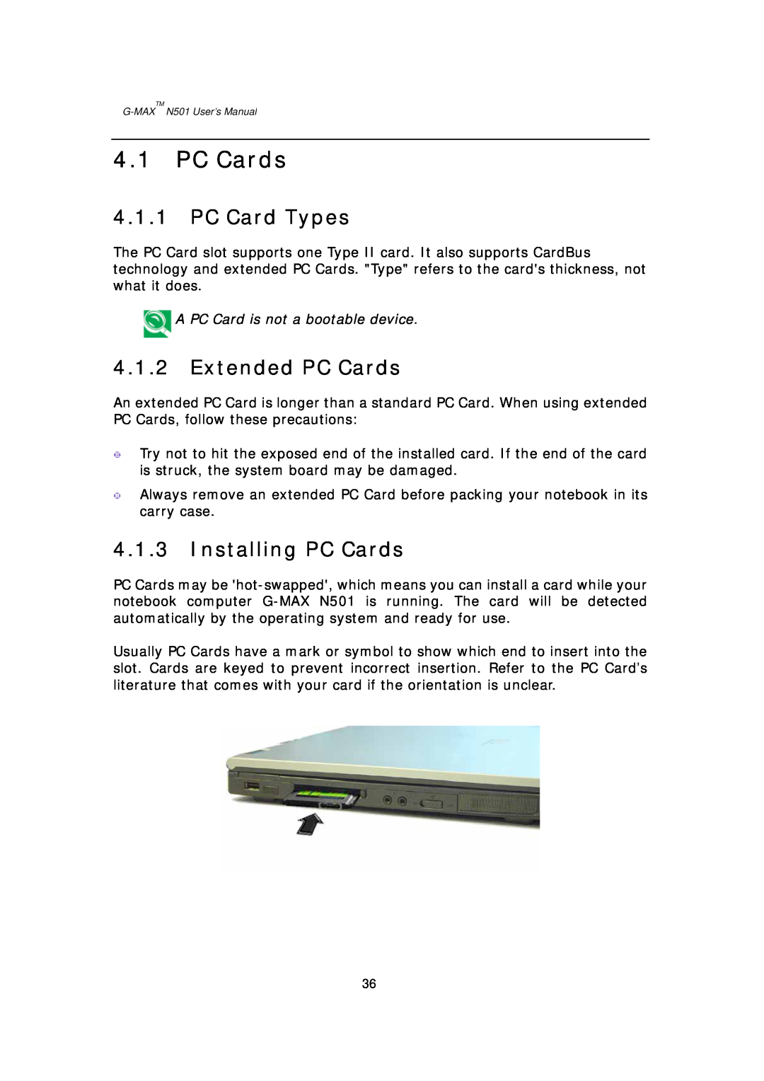 Gigabyte G-MAX N501 user manual PC Card Types, Extended PC Cards, Installing PC Cards 