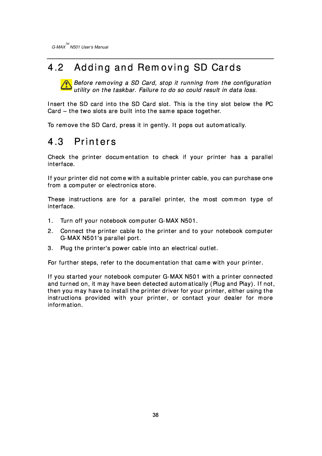 Gigabyte G-MAX N501 user manual Adding and Removing SD Cards, Printers 