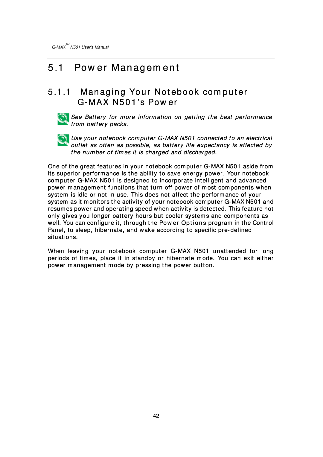 Gigabyte user manual Power Management, Managing Your Notebook computer G-MAX N501s Power 