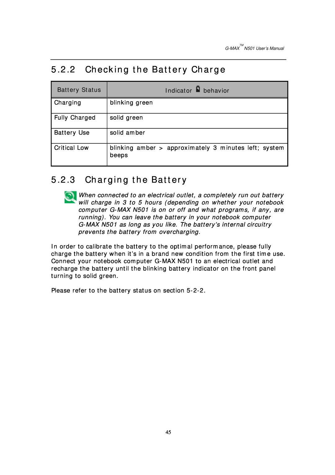 Gigabyte G-MAX N501 user manual Checking the Battery Charge, Charging the Battery 