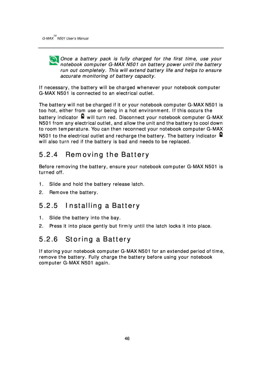 Gigabyte G-MAX N501 user manual Removing the Battery, Installing a Battery, Storing a Battery 