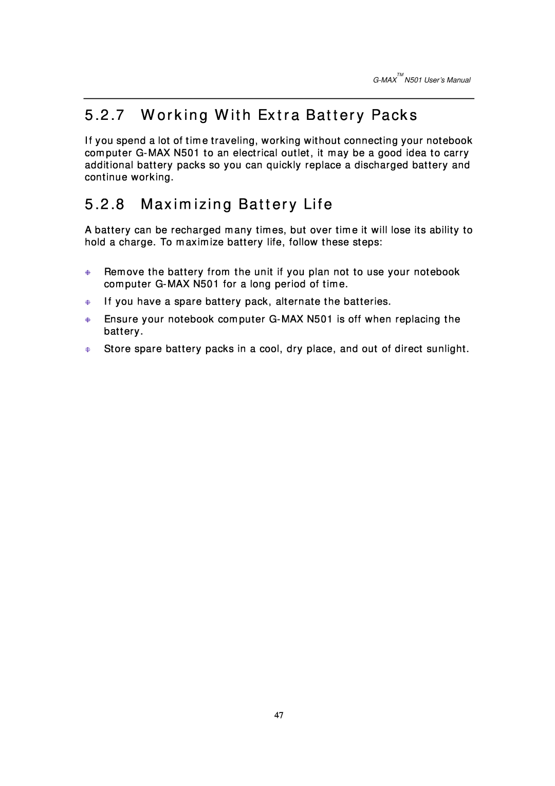 Gigabyte G-MAX N501 user manual Working With Extra Battery Packs, Maximizing Battery Life 