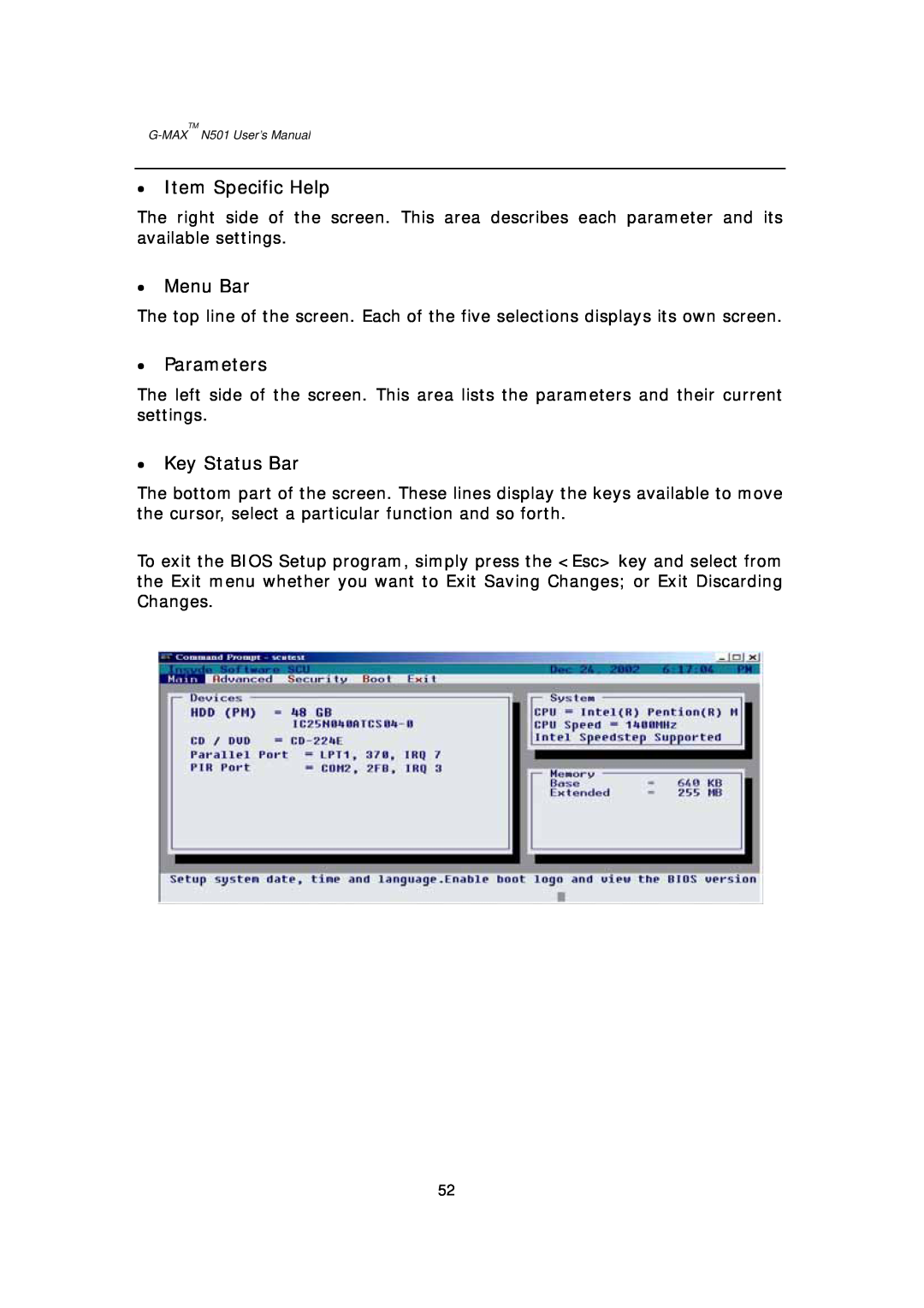 Gigabyte G-MAX N501 user manual Item Specific Help, Menu Bar, Parameters, Key Status Bar 