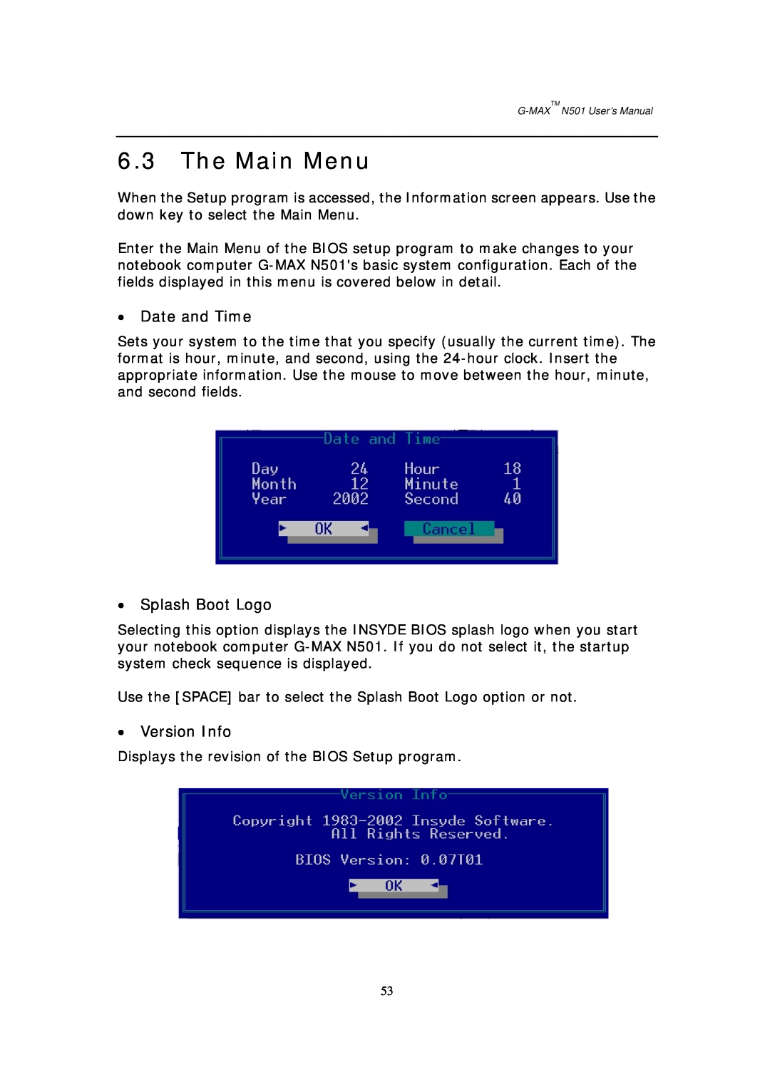 Gigabyte G-MAX N501 user manual The Main Menu, Date and Time, Splash Boot Logo, Version Info 