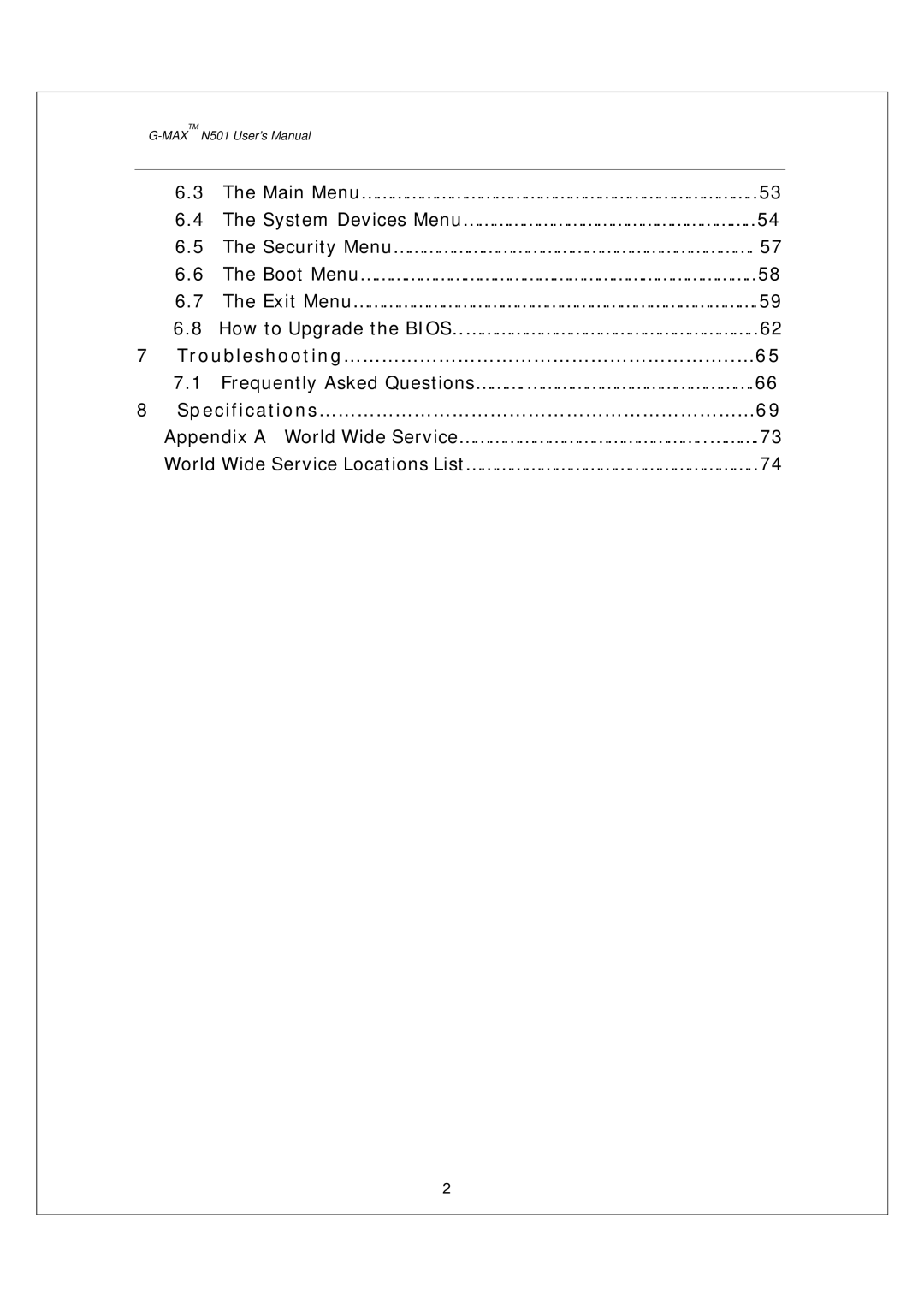 Gigabyte G-MAX N501 user manual Troubleshooting……………………………………………………..…65, Frequently Asked Questions……….……………………………………….66 