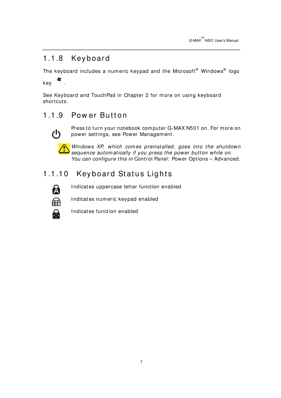 Gigabyte G-MAX N501 user manual Power Button, Keyboard Status Lights 